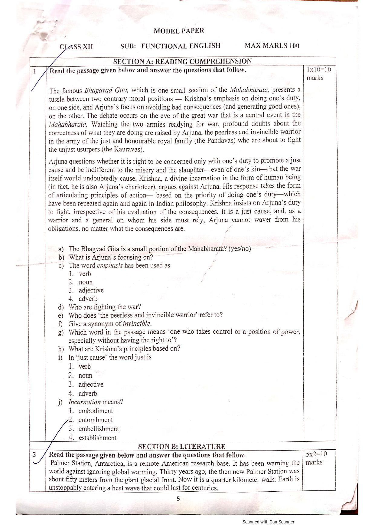 JKBOSE Class 12 Functional English Model Question Paper 2023 - Page 2