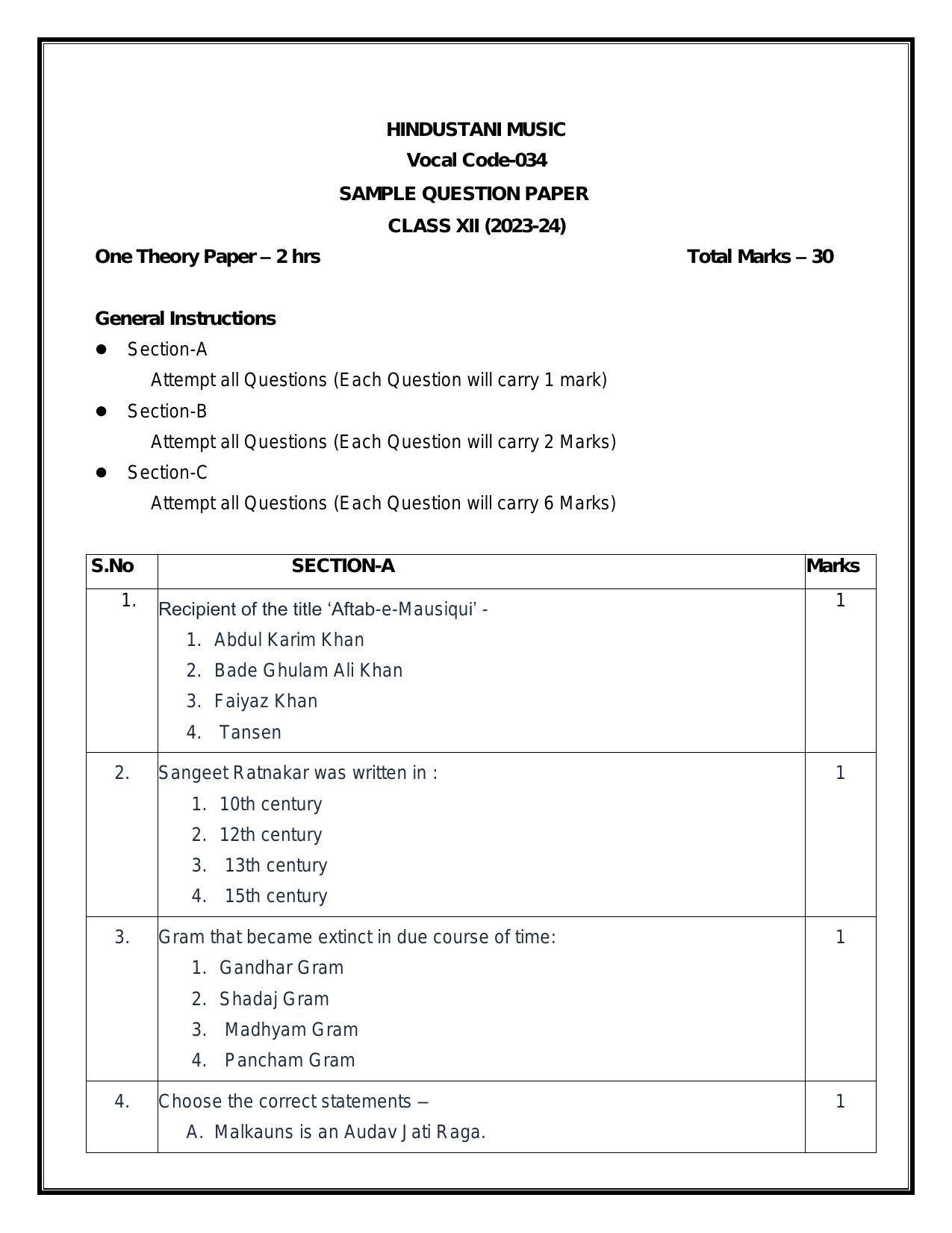 CBSE Class 12 Hindustani Music (Vocal) Sample Paper 2024 - Page 1