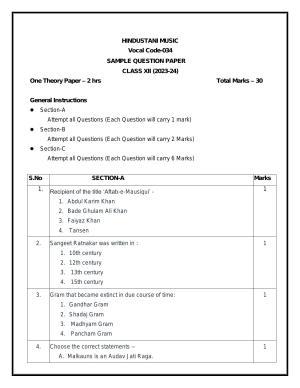 CBSE Class 12 Hindustani Music (Vocal) Sample Paper 2024