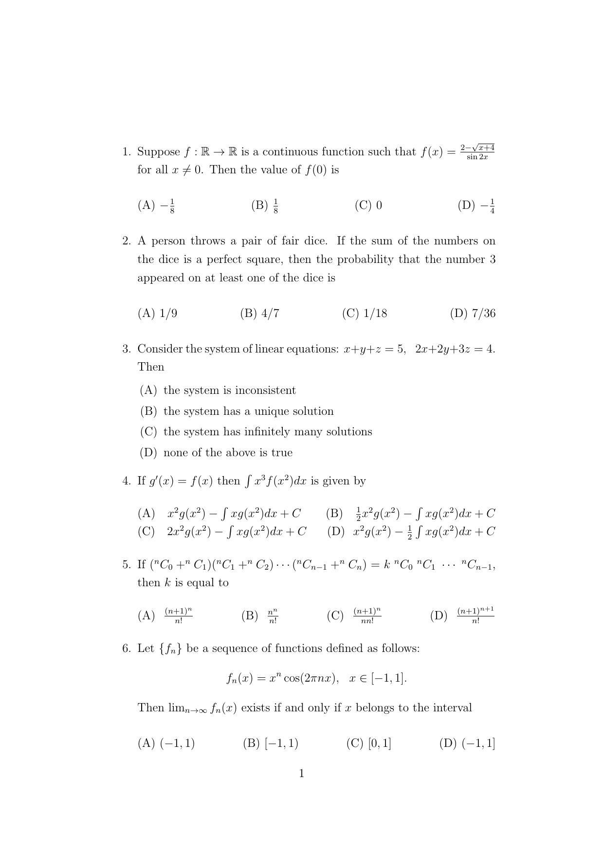 ISI Admission Test MMA (MCQ- Type) 2021 Sample Paper - Page 1