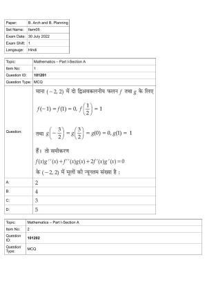 JEE Mains 2022: B Arch & B Planning Hindi (Shift 1) 30-07-2022 Question Paper