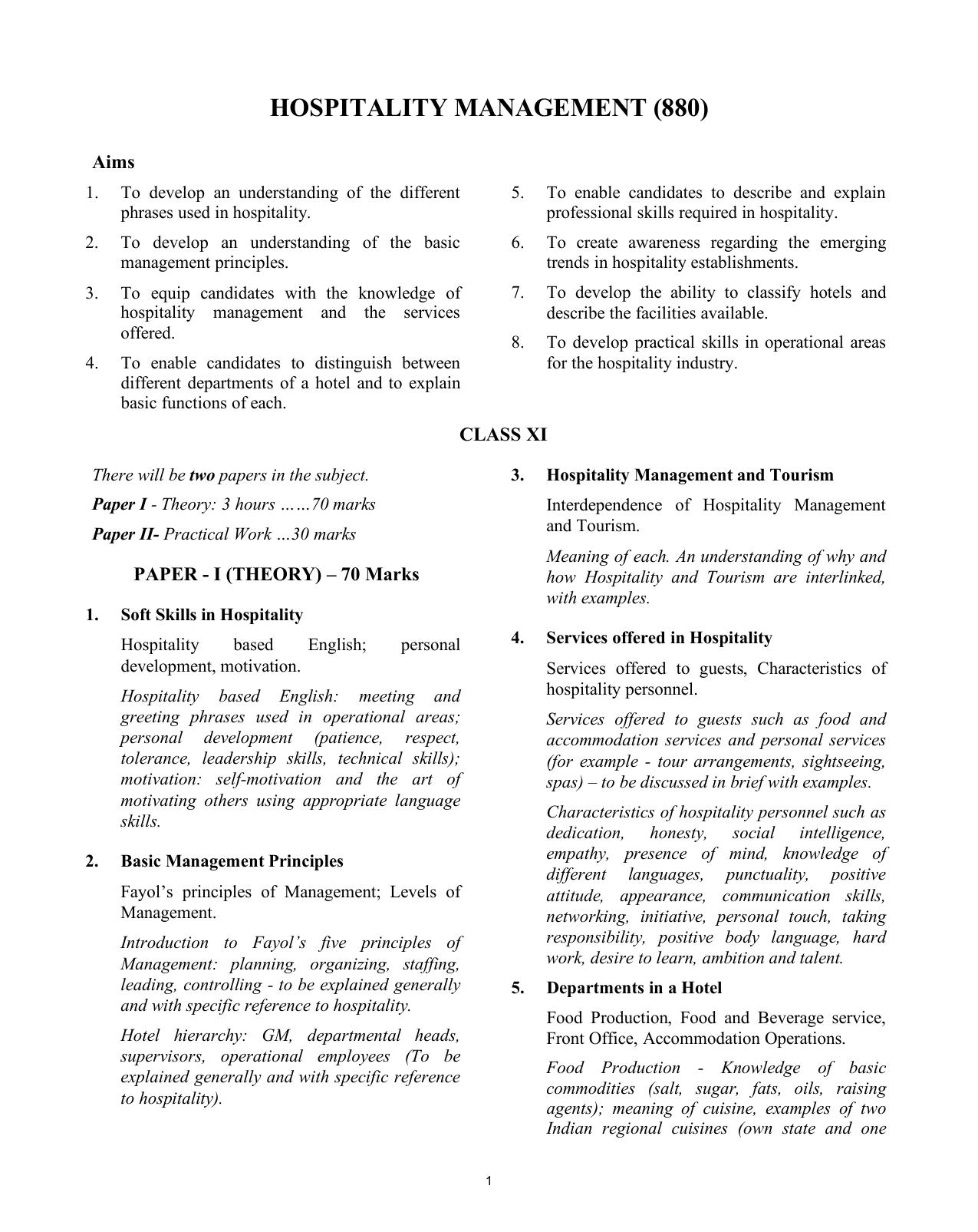 ISC Class XI & XII Hospitality Management 2025 Syllabus - Page 1