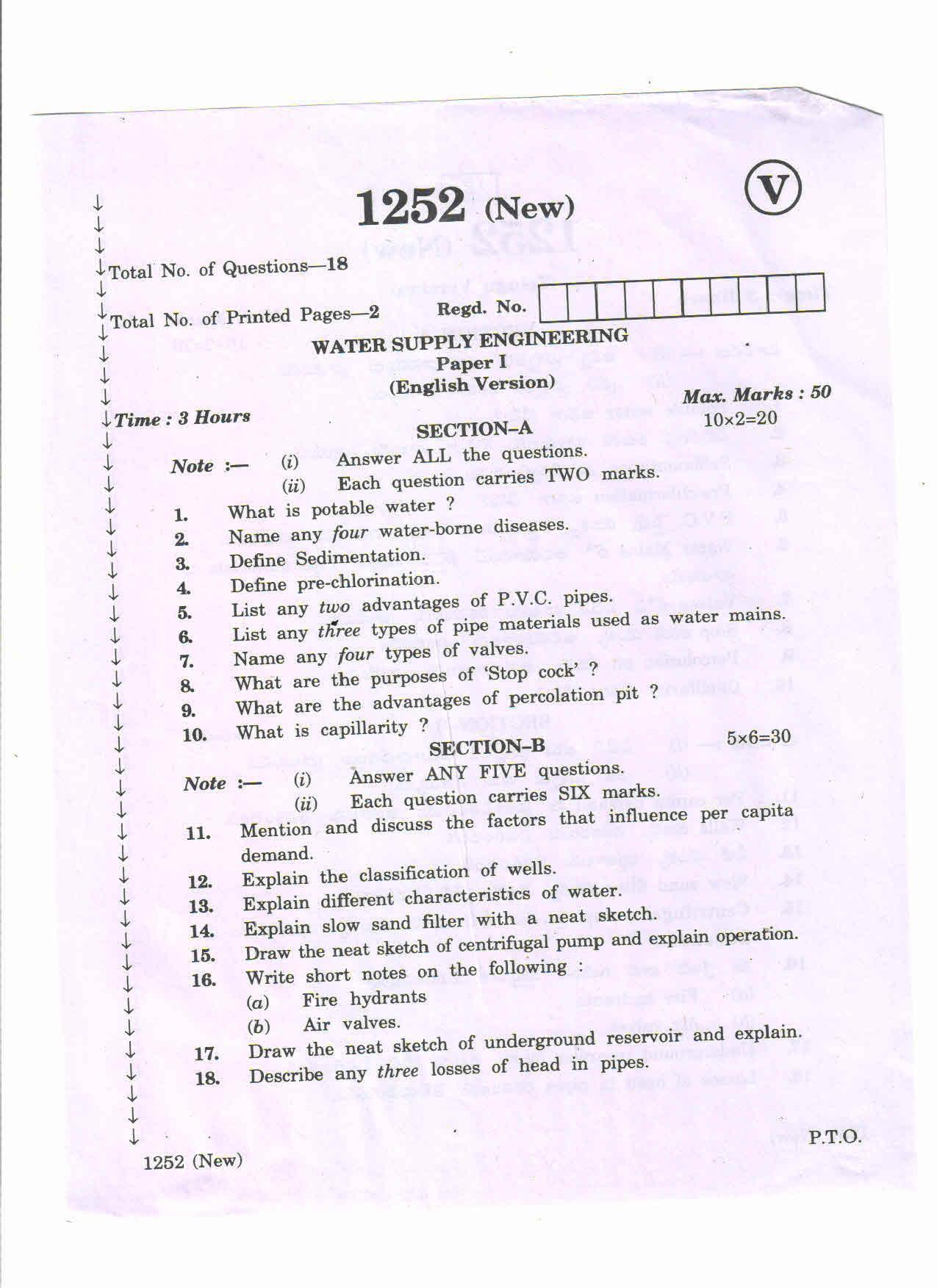 AP Inter 2nd Year Vocational Question Paper March - 2020 -  Water Supply Engineering-I - Page 1