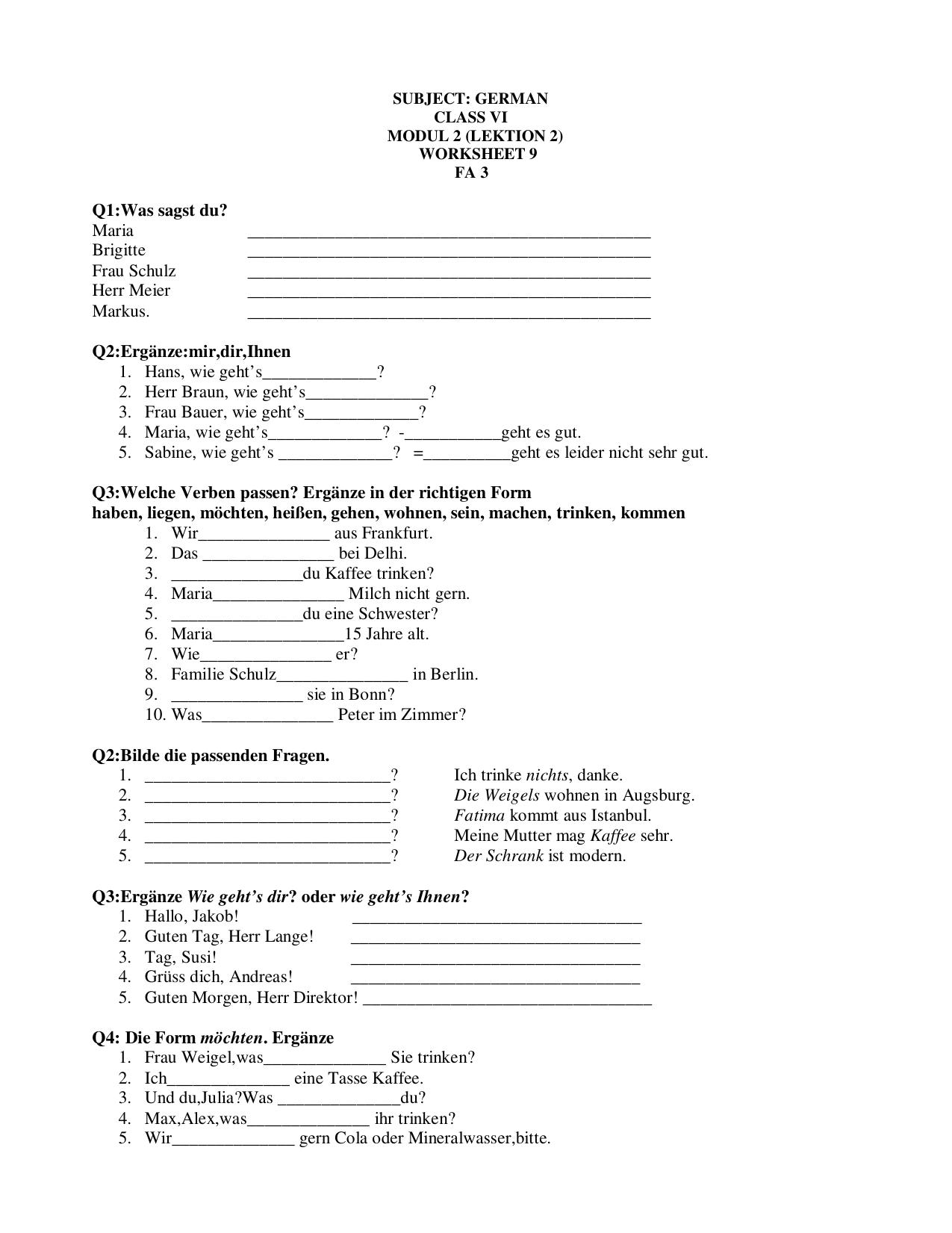 CBSE Worksheets for Class 6 German Assignment 10 - Page 1