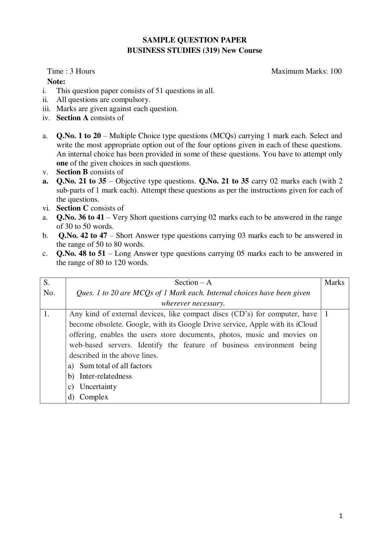 NIOS Class 12 Commerce (Business Studies) (New) Sample Paper - Page 1