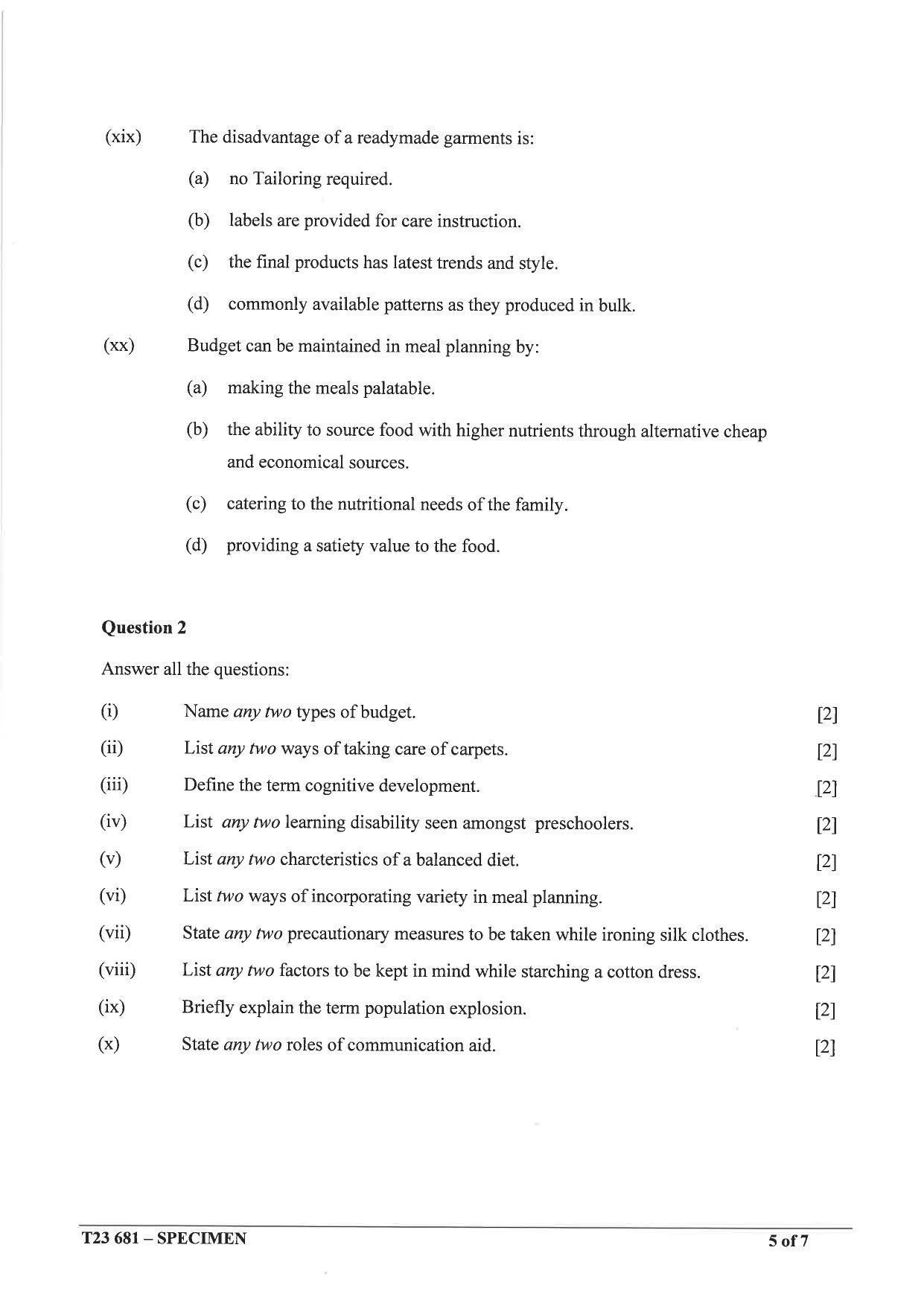 ICSE Class 10 Home Science Sample Paper 2023 - Page 5