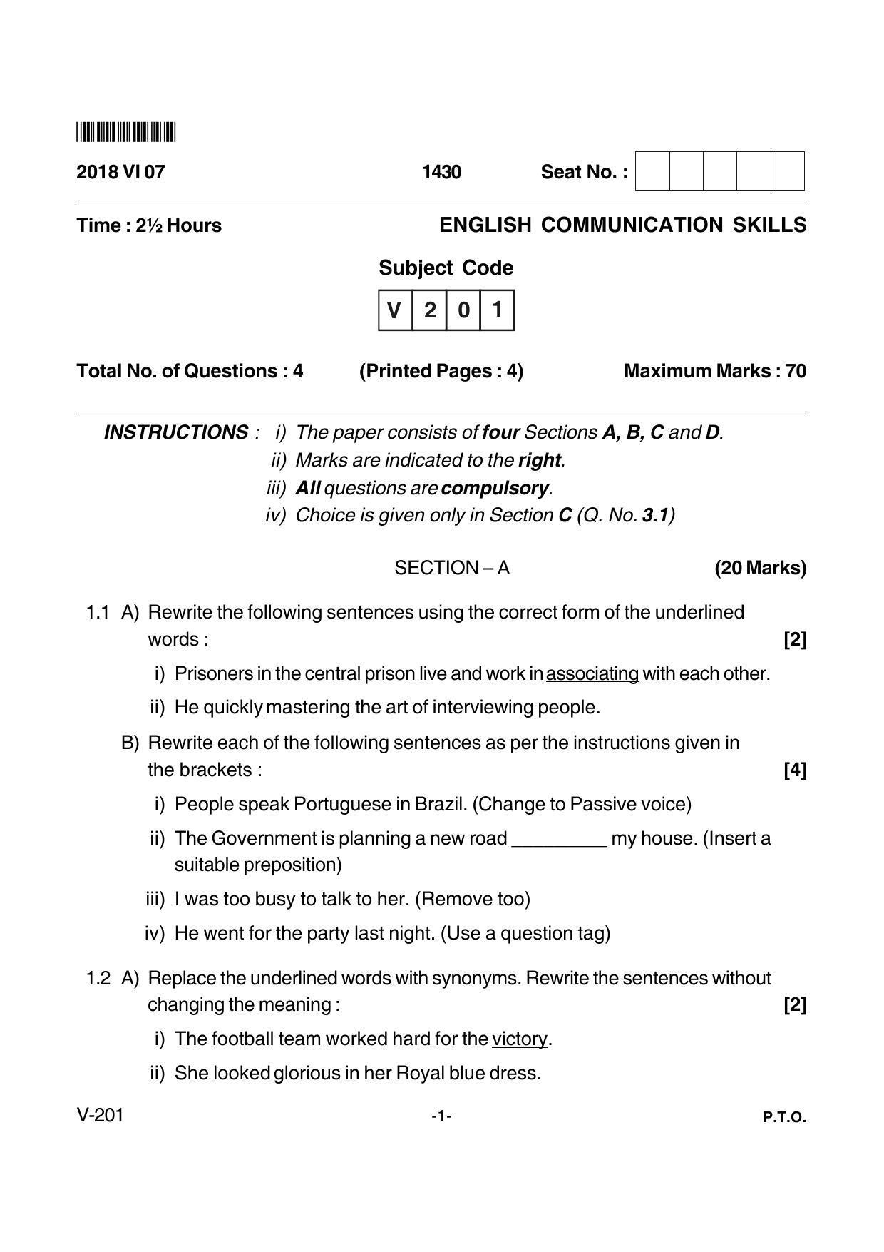 Goa Board Class 12 English Communication Skills  Voc 201 (June 2018) Question Paper - Page 1