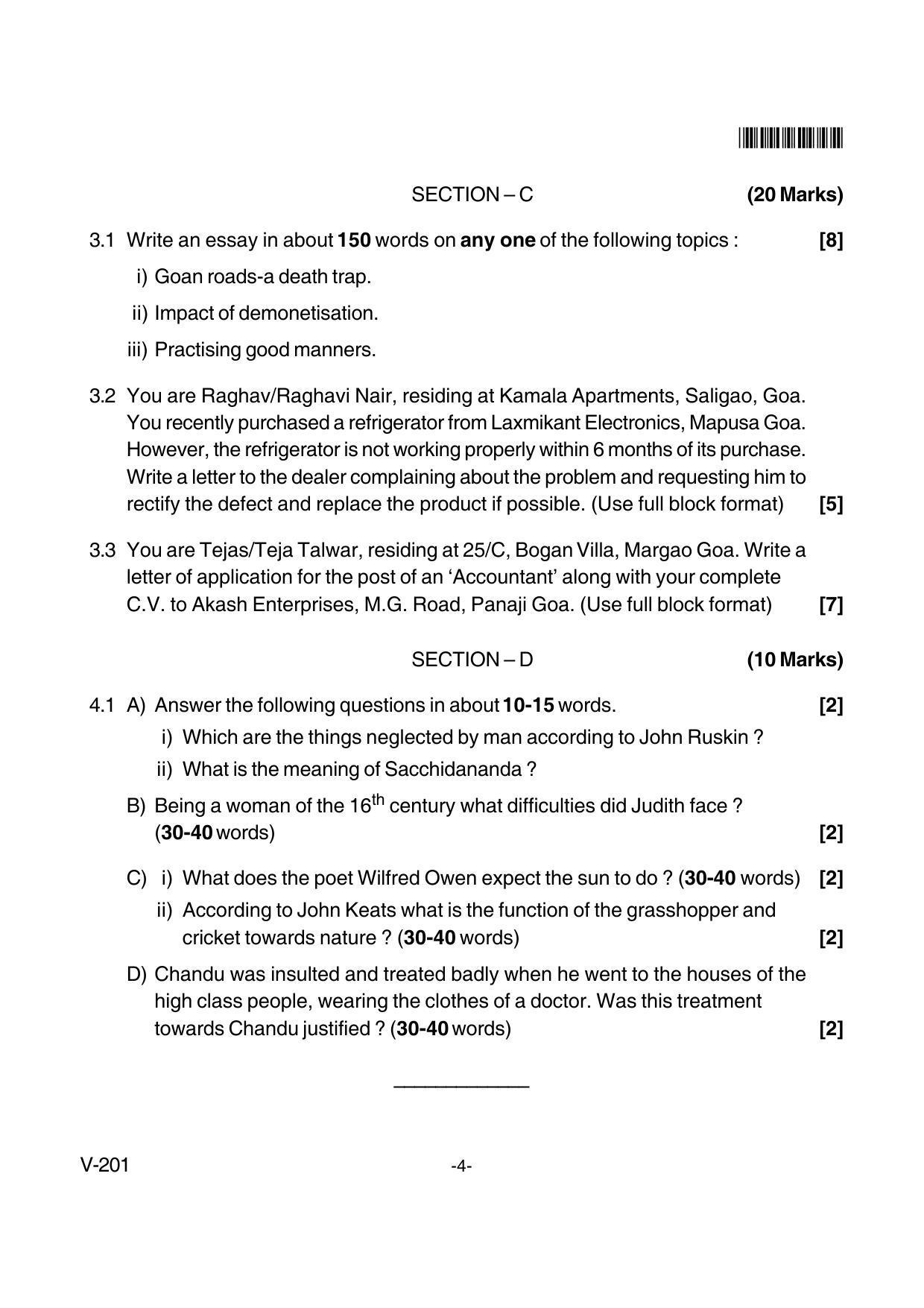 Goa Board Class 12 English Communication Skills  Voc 201 (June 2018) Question Paper - Page 4
