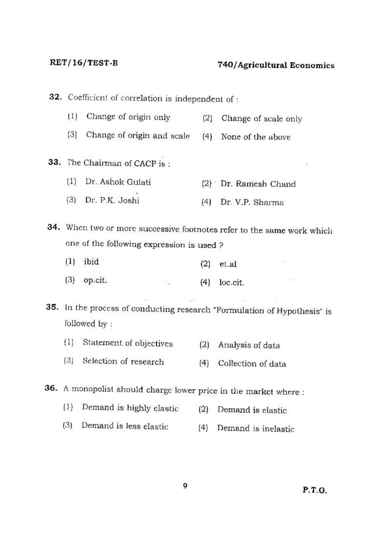 BHU RET (Agriculture) Agricultural Economics 2016 Question Paper - Page 9
