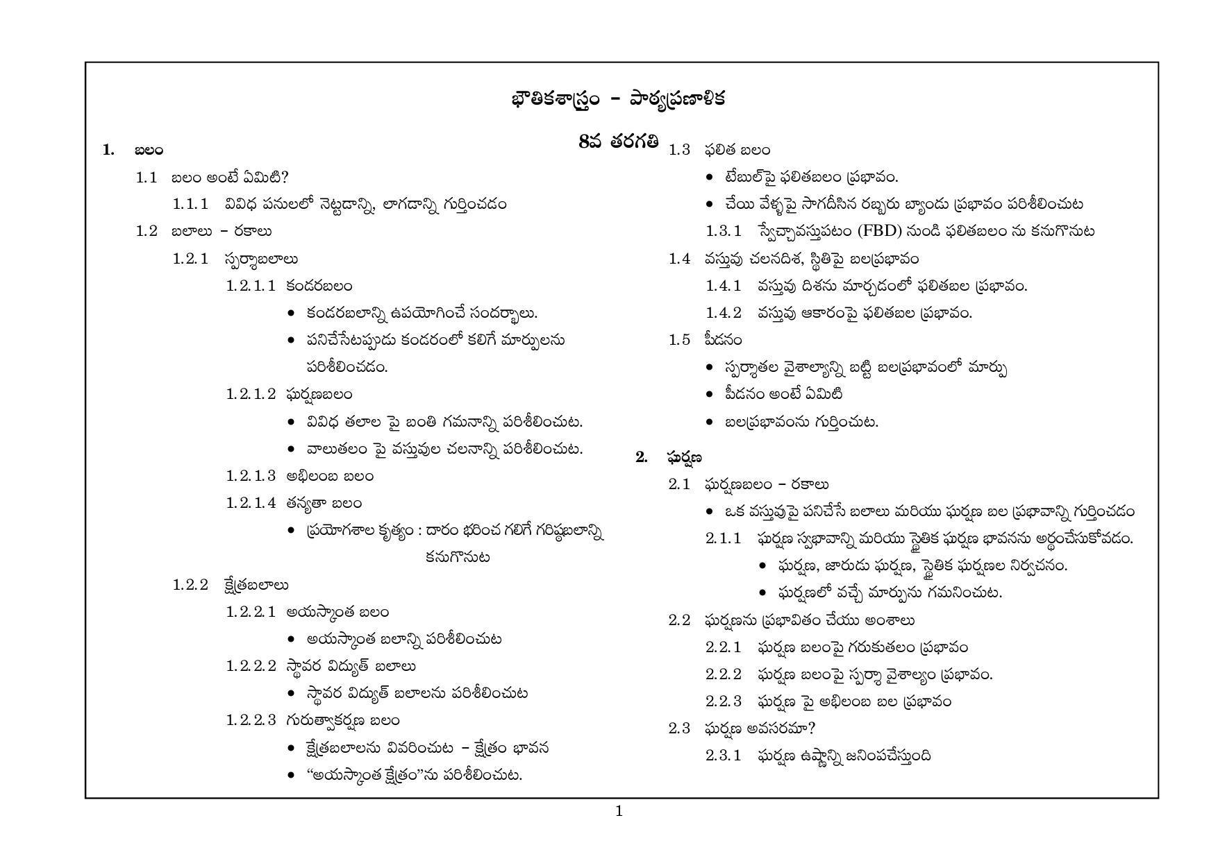 Telangana Board Physical Science (Classes VIII to X) Syllabus - Telugu Medium - Page 1