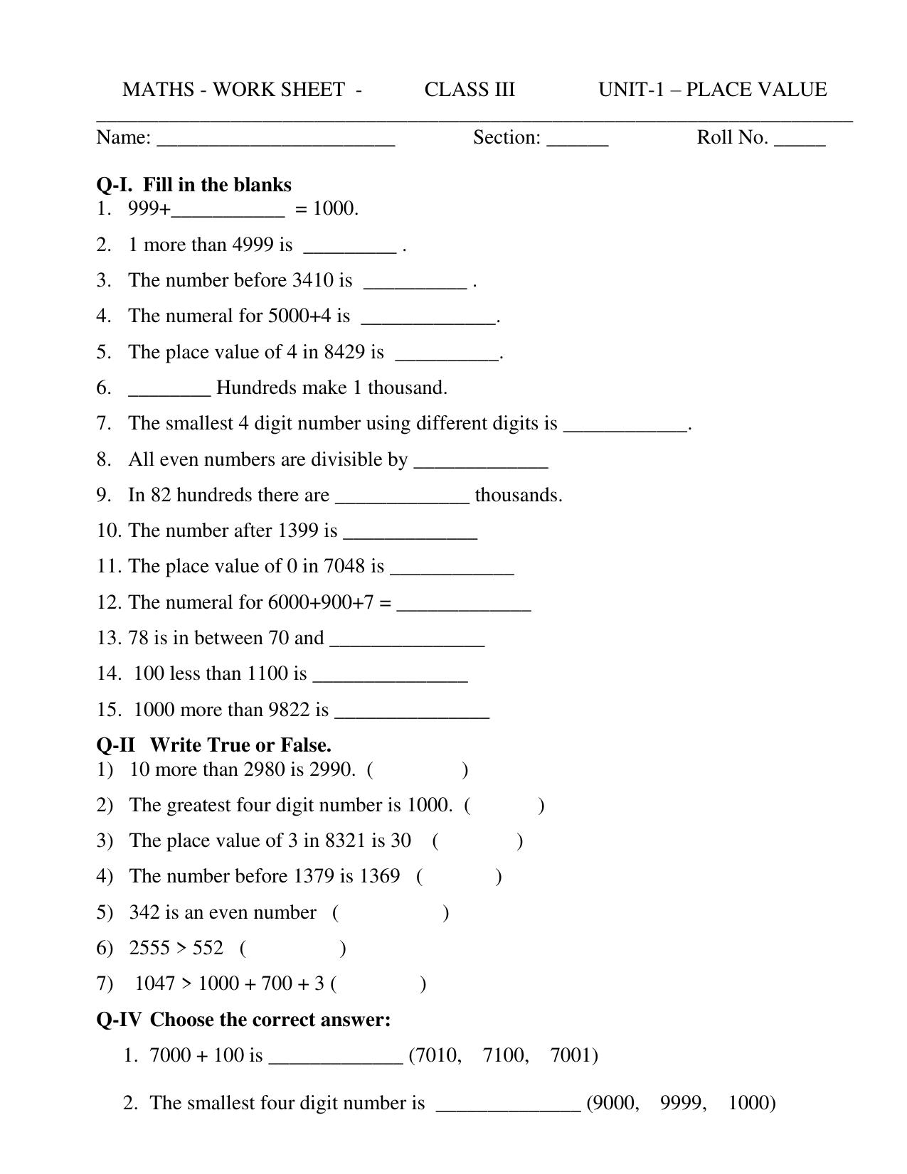 Worksheet for Class 3 Mathematics Place Value Assignment - Page 1