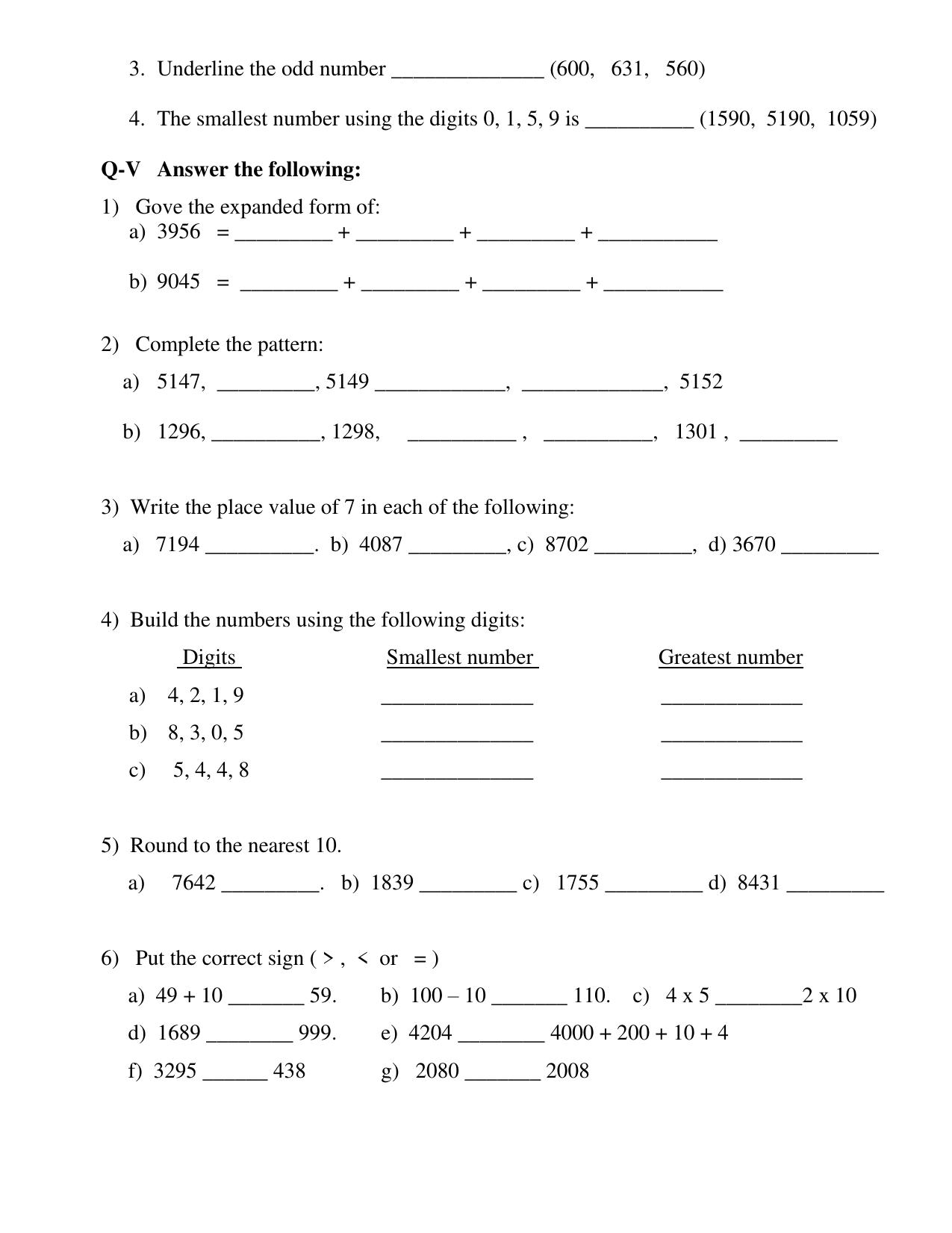 Worksheet for Class 3 Mathematics Place Value Assignment - Page 2