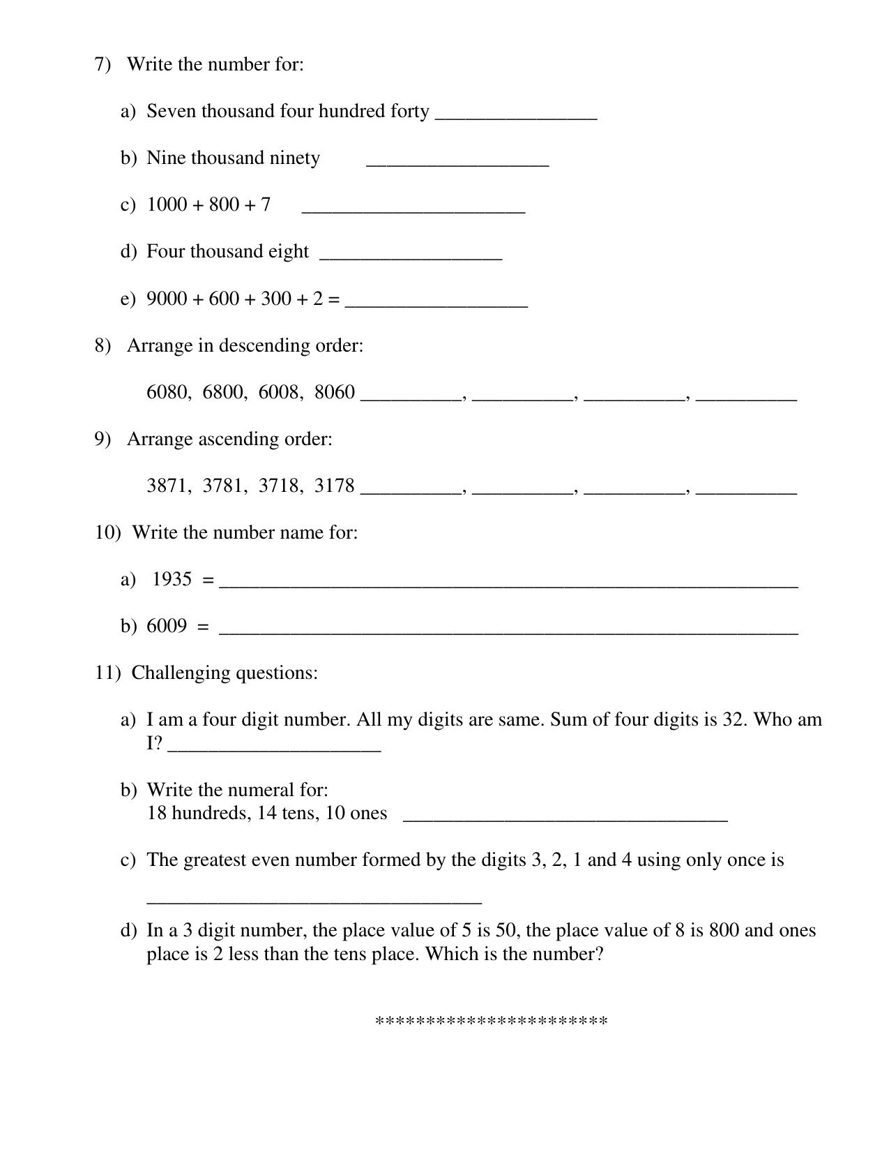 Worksheet for Class 3 Mathematics Place Value Assignment - Page 3