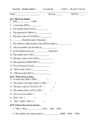 Worksheet for Class 3 Mathematics Place Value Assignment