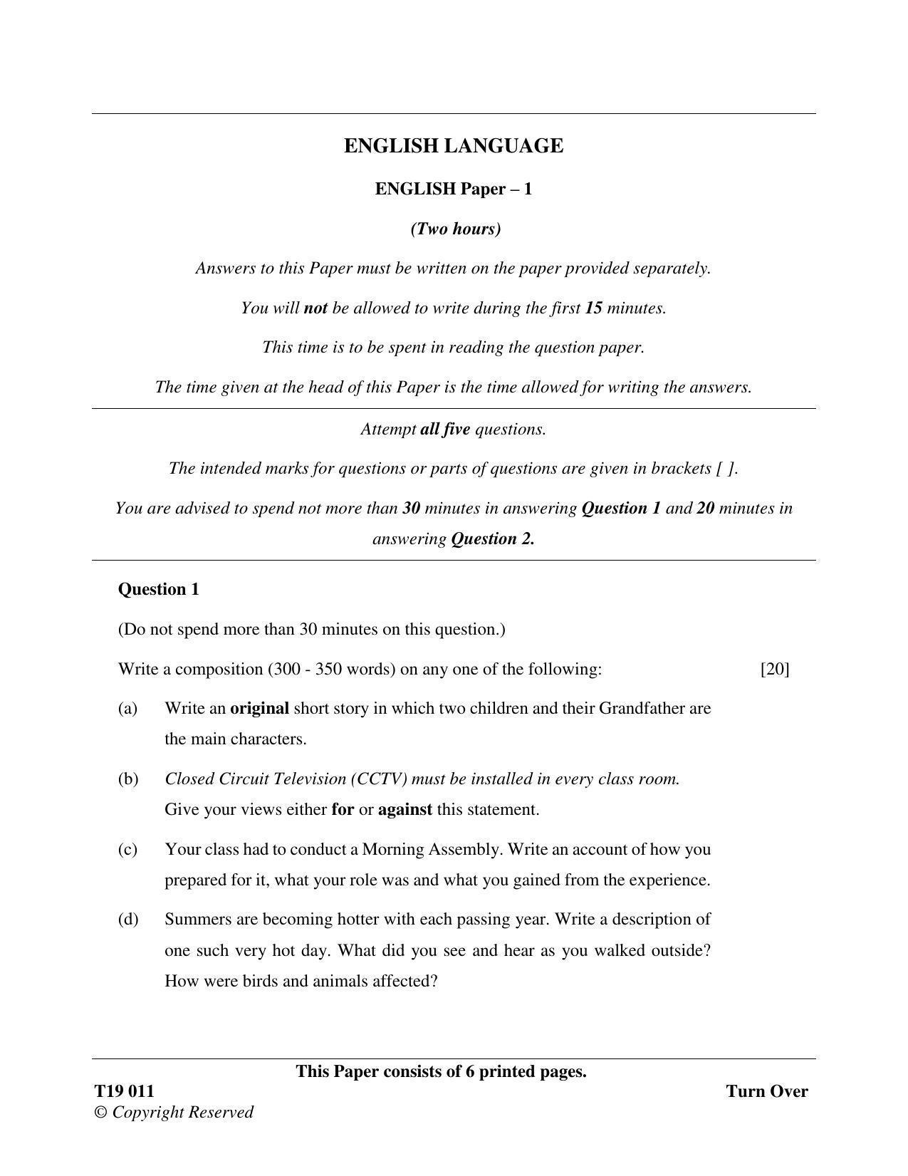 ISC Class 12 2019 English Paper – 1 Question Paper - Page 1