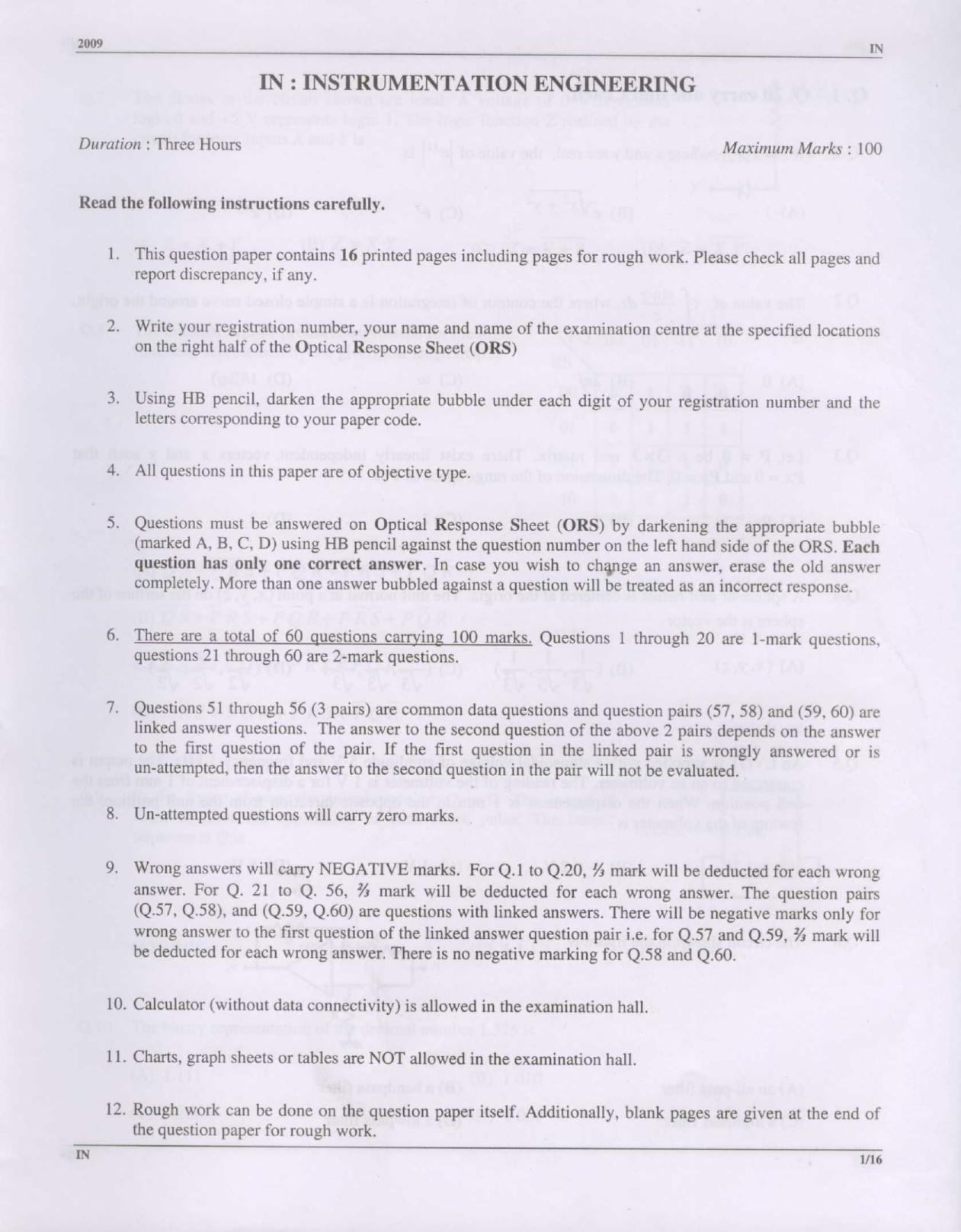GATE 2009 Instrumentation Engineering (IN) Question Paper with Answer Key - Page 1