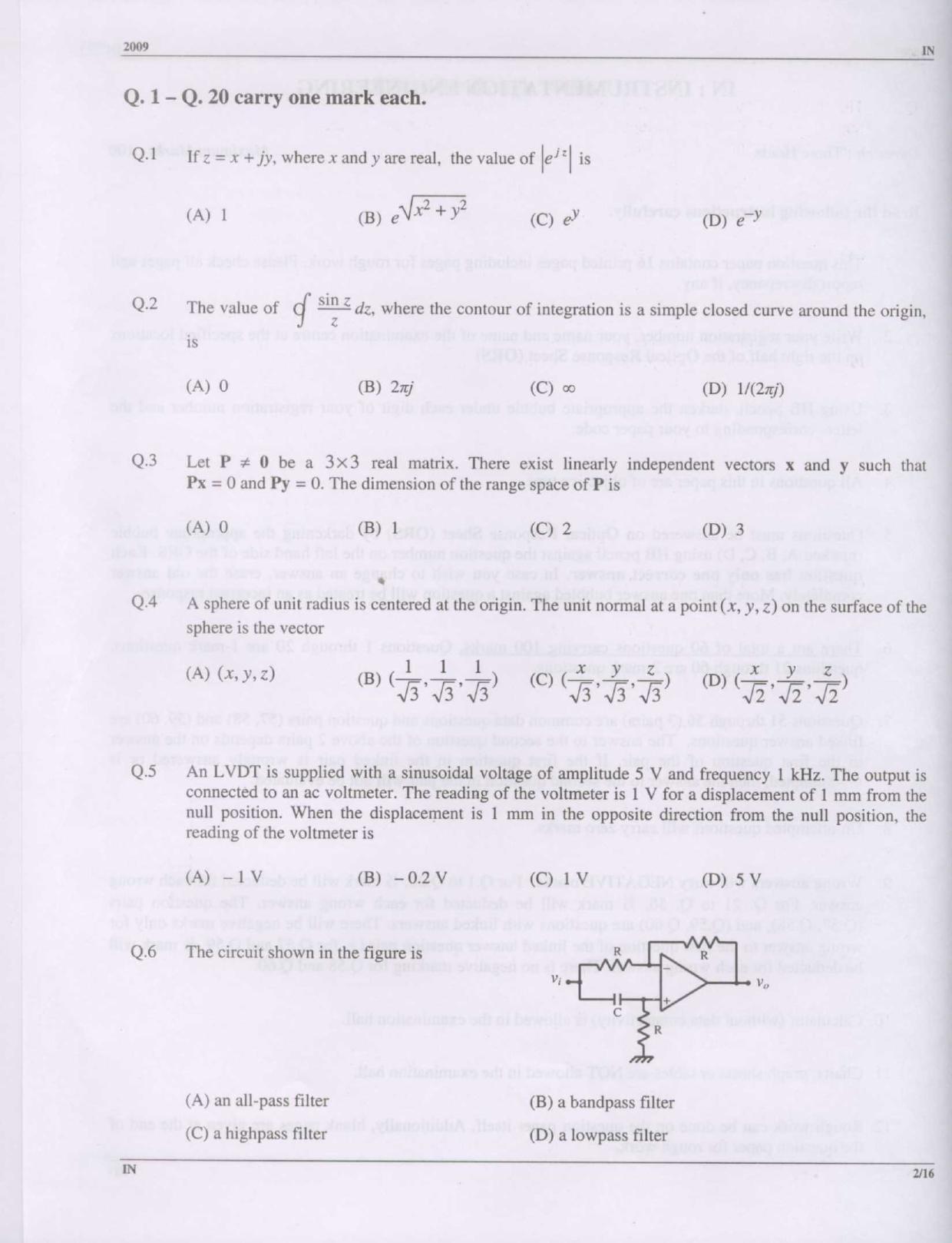 GATE 2009 Instrumentation Engineering (IN) Question Paper with Answer Key - Page 2