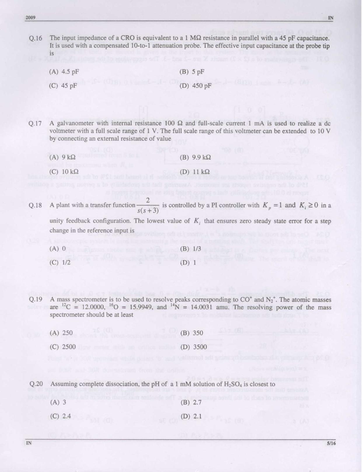 GATE 2009 Instrumentation Engineering (IN) Question Paper with Answer Key - Page 5