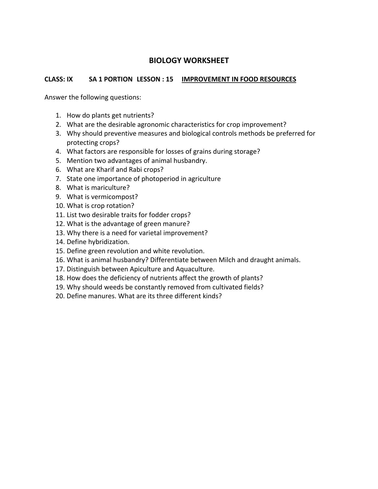 CBSE Worksheets for Class 9 Biology Improvement In Food Resources Assignment - Page 1