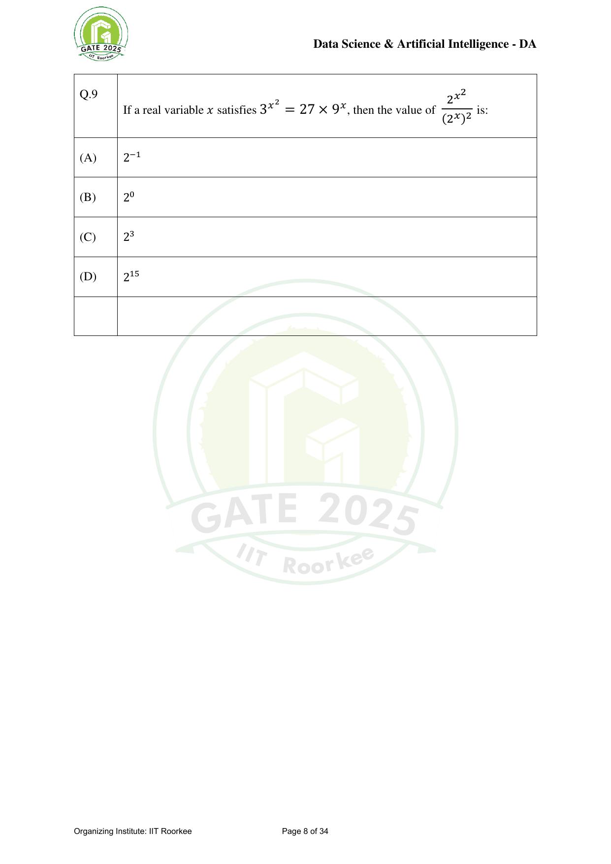 GATE 2025 Data Science and Artificial Intelligence (DA) Question Paper - Page 8