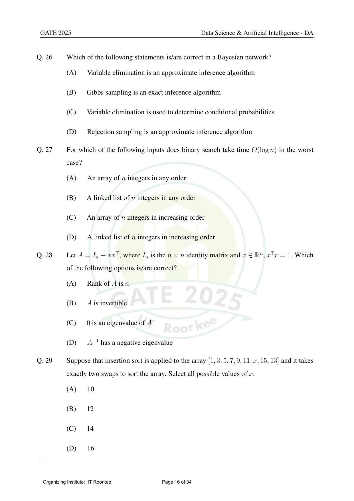 GATE 2025 Data Science and Artificial Intelligence (DA) Question Paper - Page 16