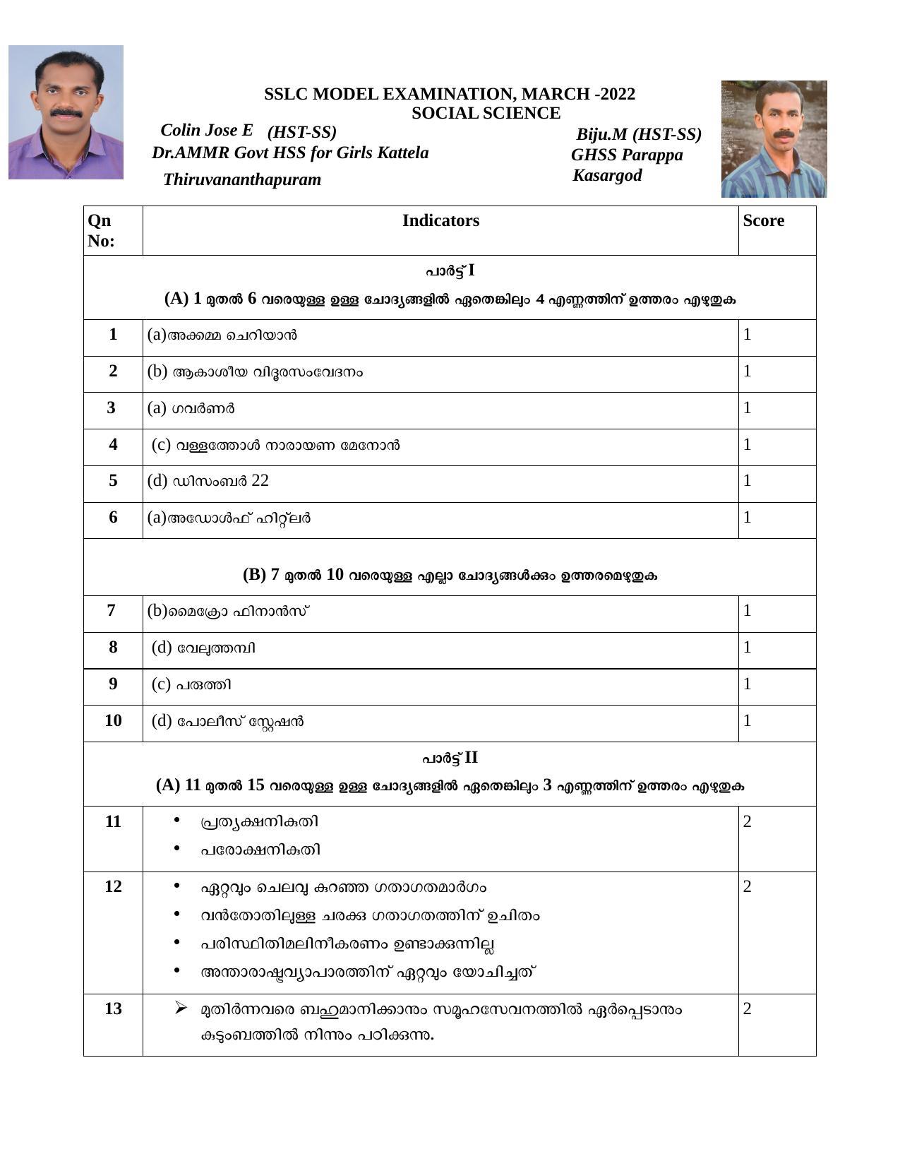 Kerala SSLC 2022 Social Science Answer Key (MM) (Model) - Page 1