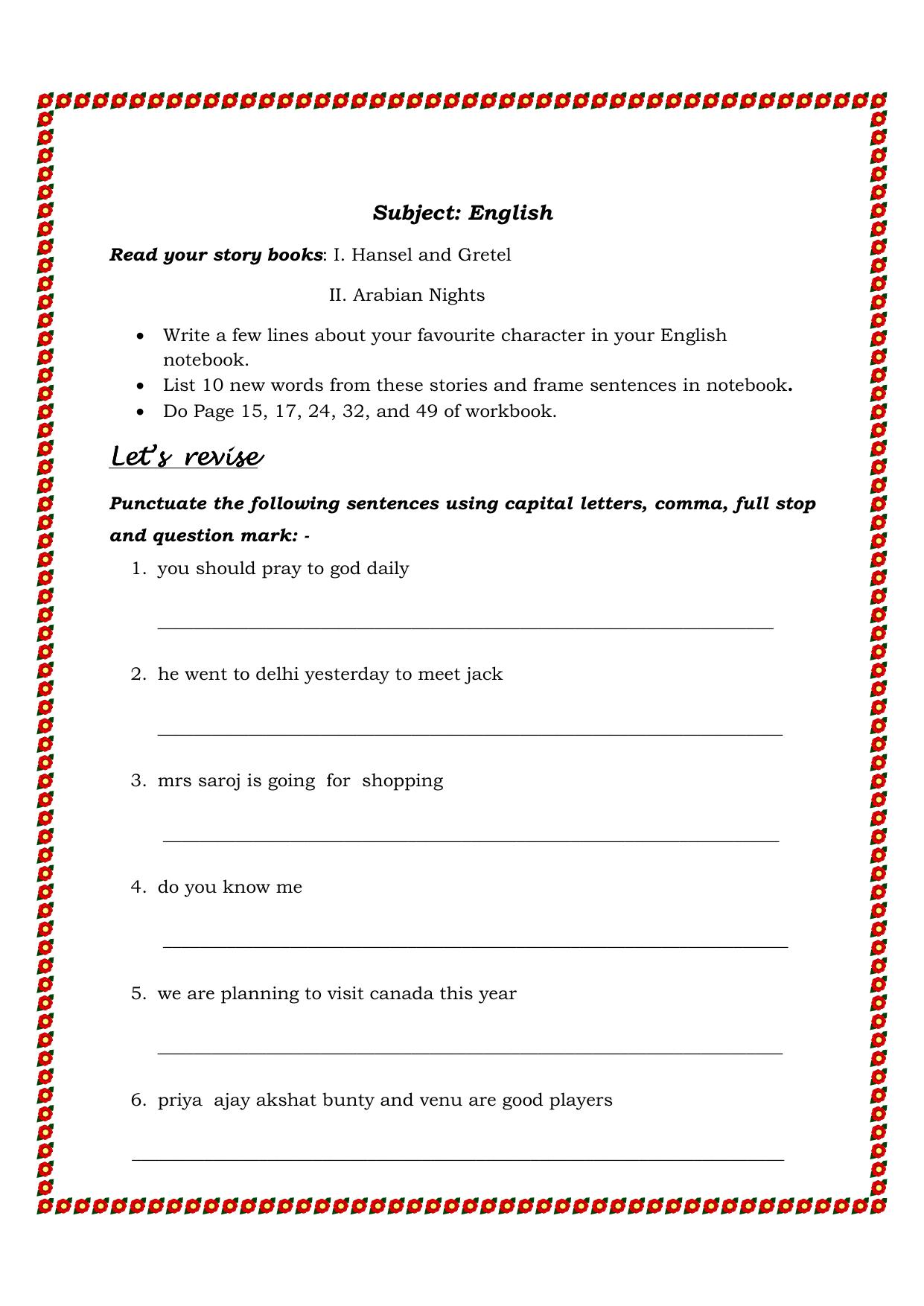 Revision Worksheet for Class 2 English Assignment 101 - Page 1