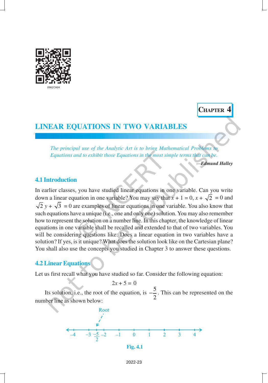 NCERT Book for Class 9 Maths Chapter 4 Linear Equations in Two Variables - Page 1