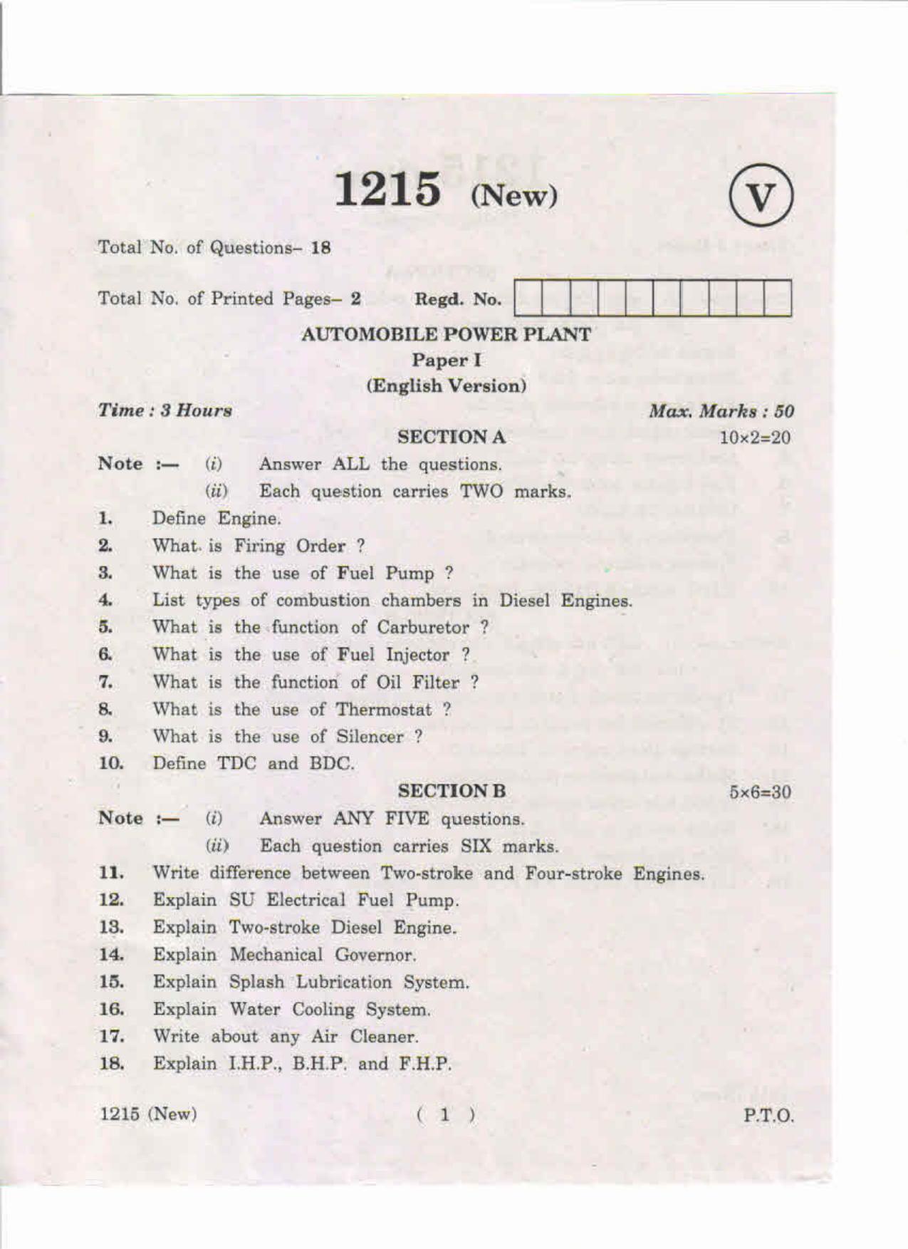 AP Inter 1st Year Automobile Power Plant-I (New) May-2019-Vocational Question Paper - Page 1