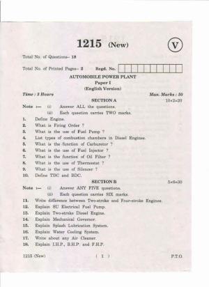 AP Inter 1st Year Automobile Power Plant-I (New) May-2019-Vocational Question Paper