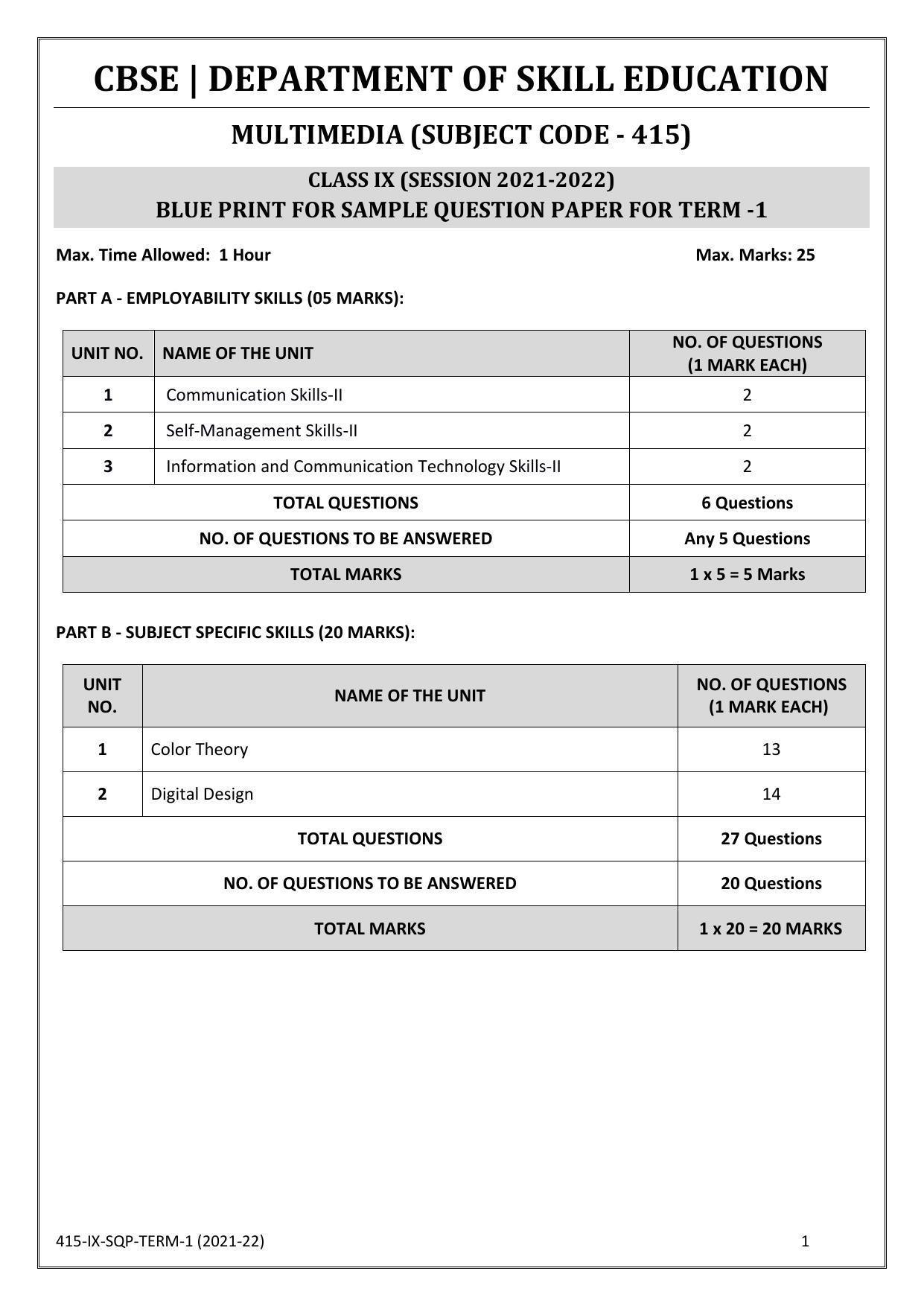 CBSE Class 10 Skill Education (Term I) - Multi Media Sample Paper 2021-22 - Page 1