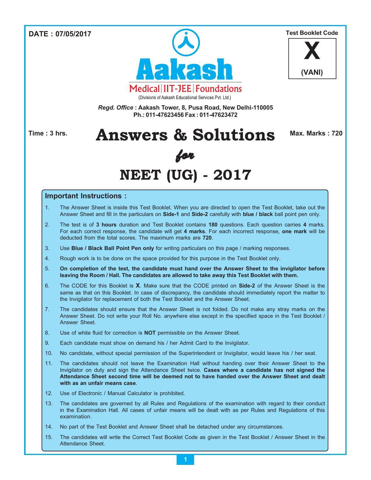 NEET Code X 2017 Answer & Solutions - Page 1