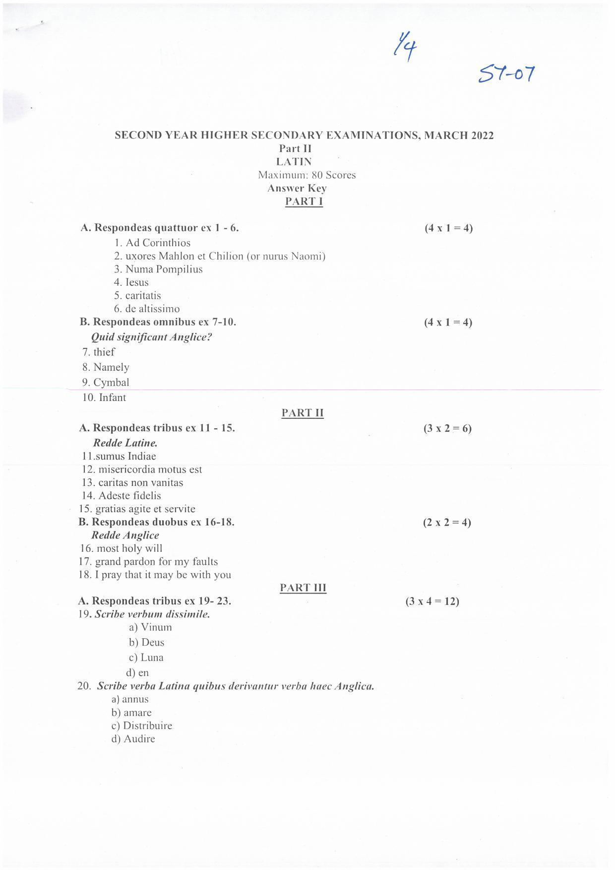 Kerala Plus Two (Class 12th) Answer Key 2022 - Latin - Page 1