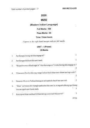 COHSEM Class 12 Mizo Question Papers 2020
