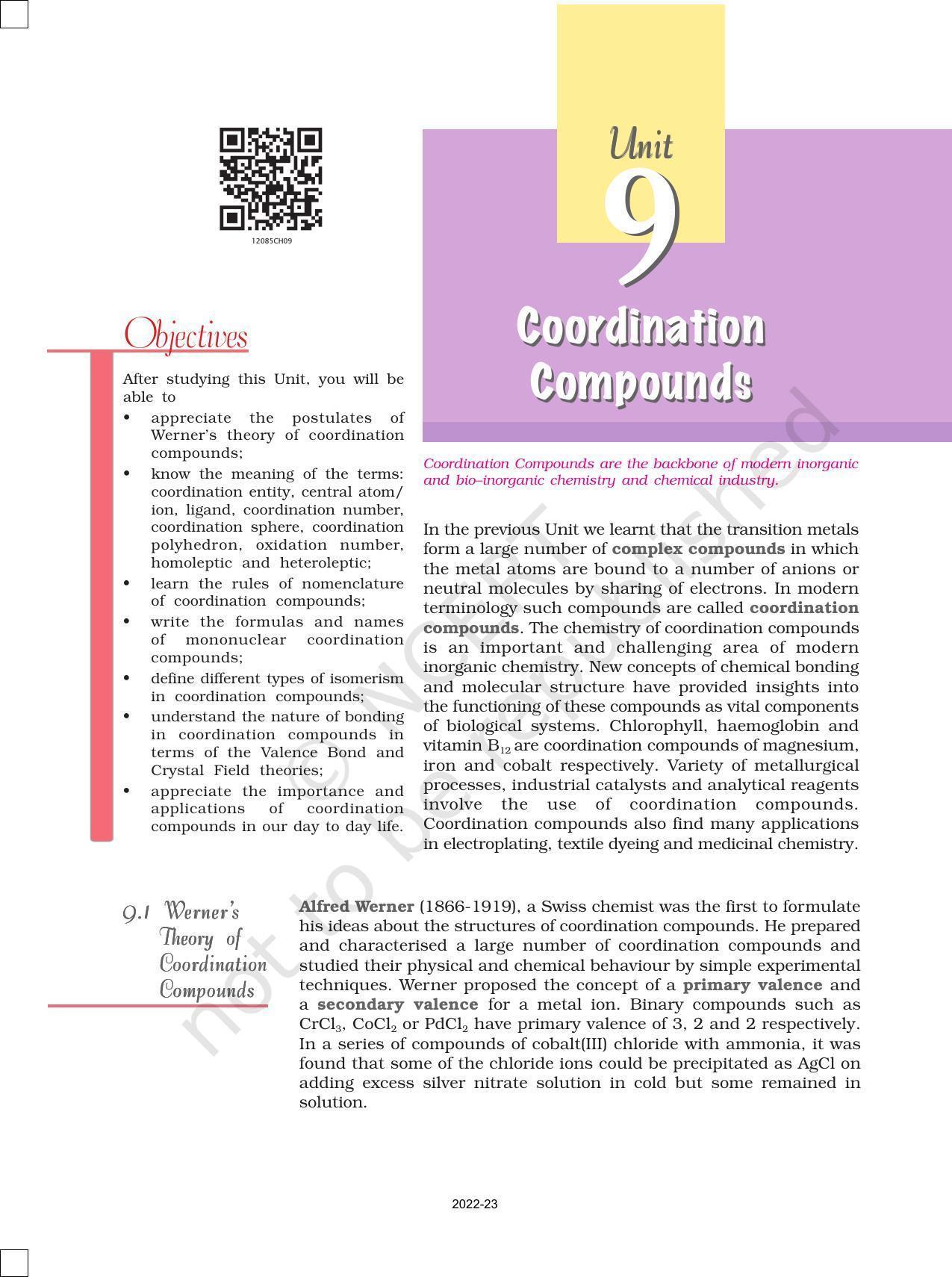 NCERT Book for Class 12 Chemistry Chapter 9 Coordination Compounds - Page 1