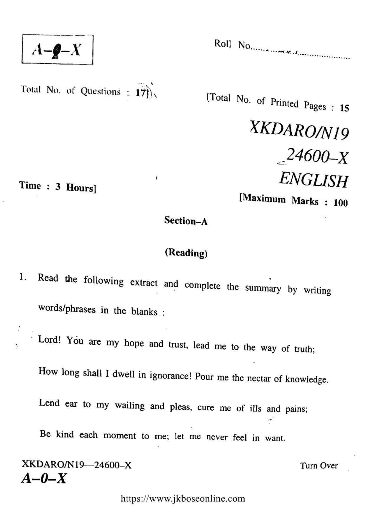 JKBOSE CLASS 10 English 24600-X 2019 - Page 1
