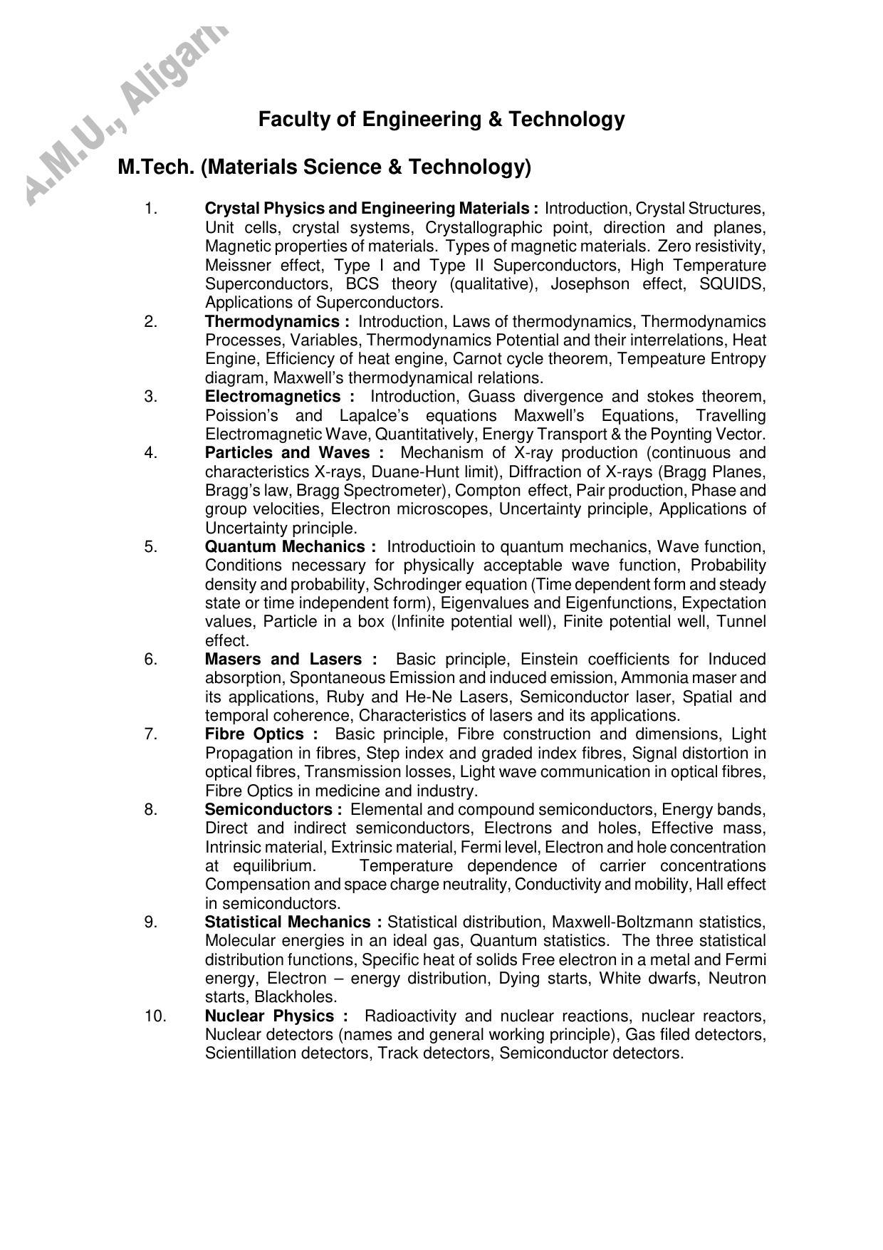 AMU Entrance Exam: M.Tech. Material Science & Technology Syllabus - Page 1