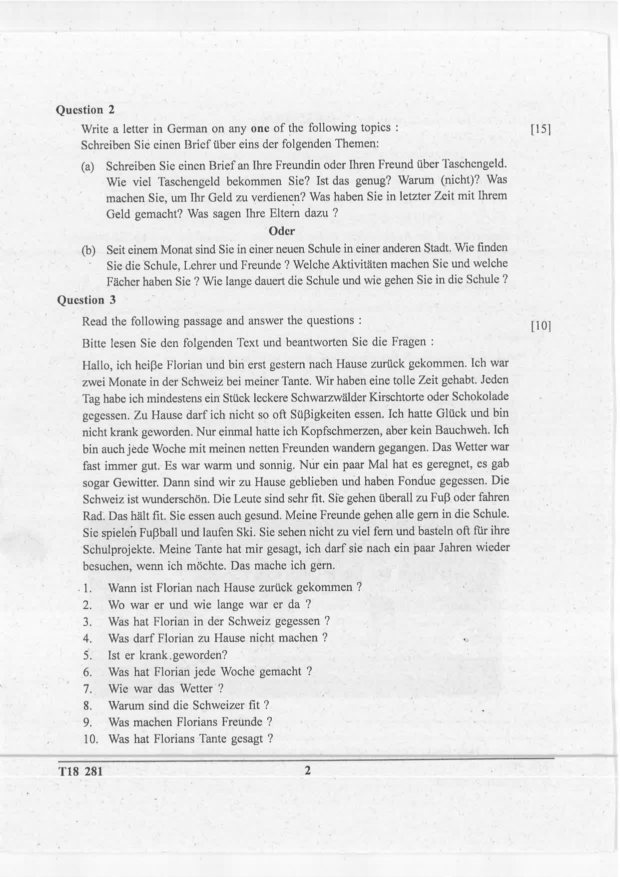 ICSE Class 10 German 2018 Question Paper - Page 2