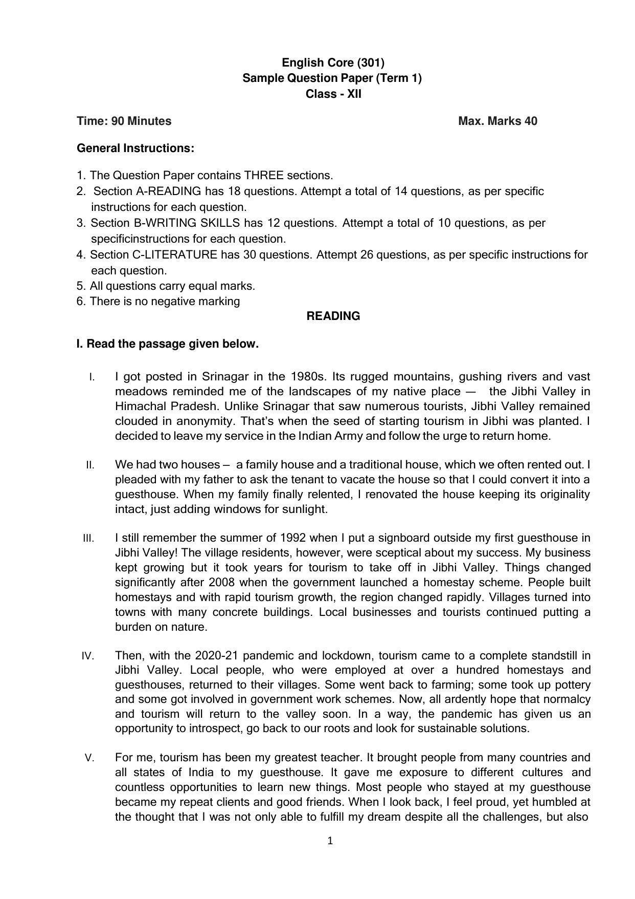 CBSE Class 12th English Core Sample Question Paper 2021-22 - Page 1