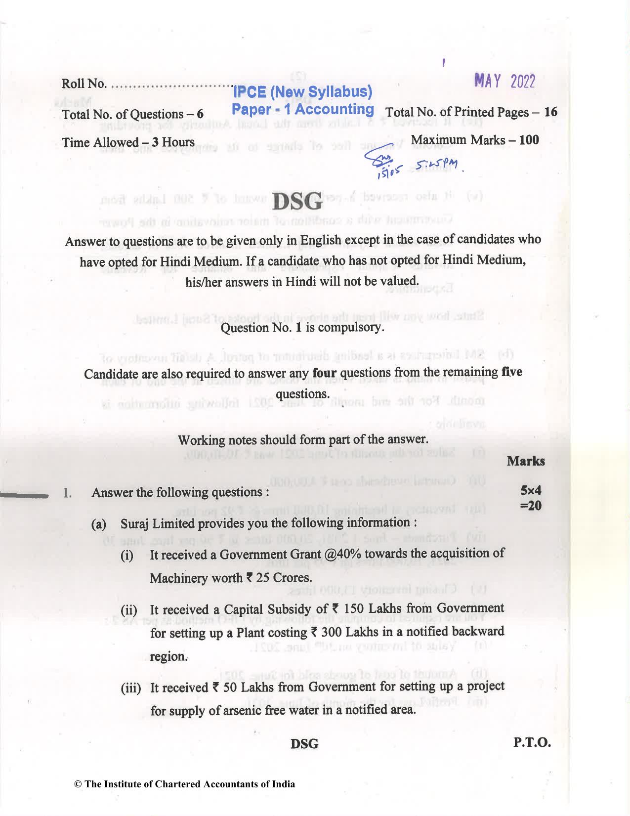 CA Inter May 2022 Question Paper - Paper 1 – Accounting - Page 1