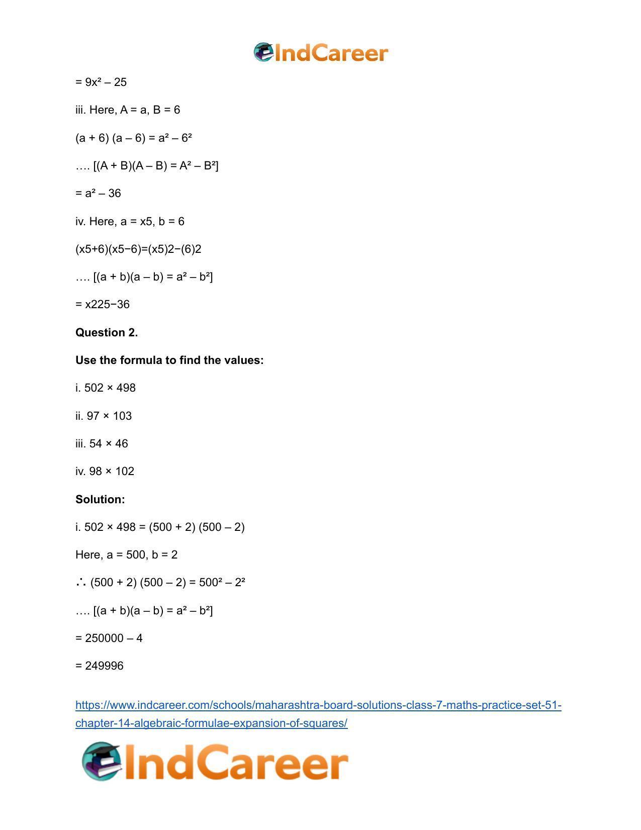 Maharashtra Board Solutions Class 7-Maths (Practice Set 51): Chapter 14- Algebraic Formulae - Expansion of Squares - Page 3