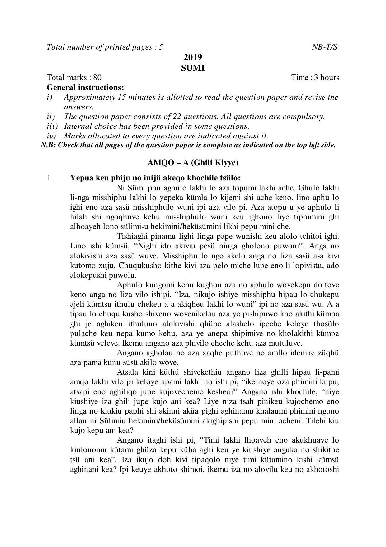 Nagaland Board Class 10 SUMI 2019 Question Paper - Page 1
