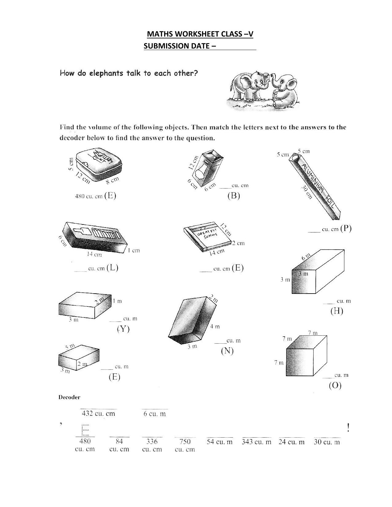 Worksheet for Class 5 Maths Volume Assignment - Page 1
