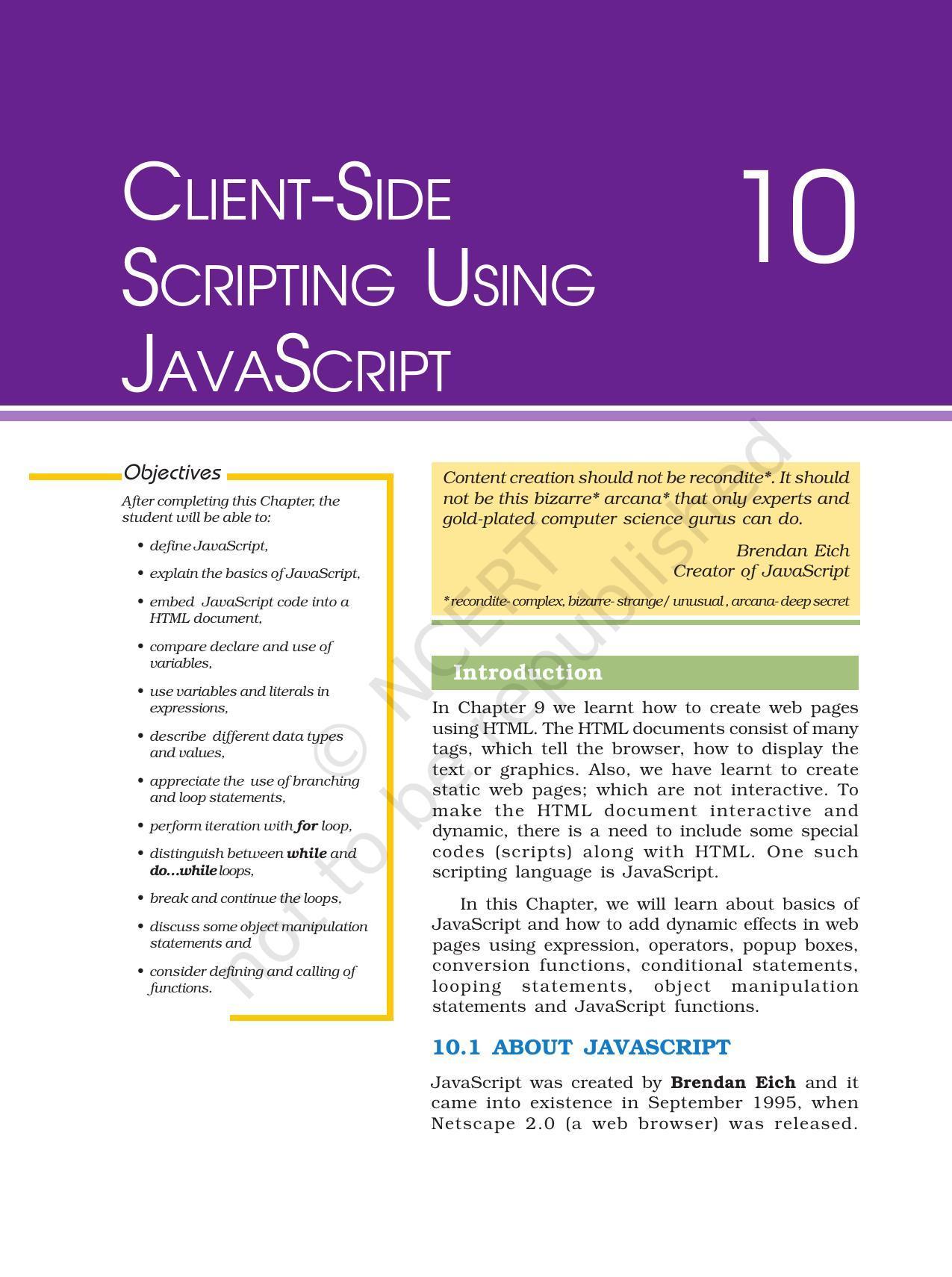 NCERT Book for Class 11 Computers Chapter 10 Client-Side Scripting Using JavaScript - Page 1