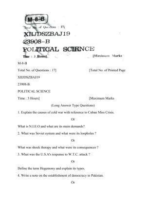 JKBOSE Class 12 Political-Science 23908-B Question Papers 2019