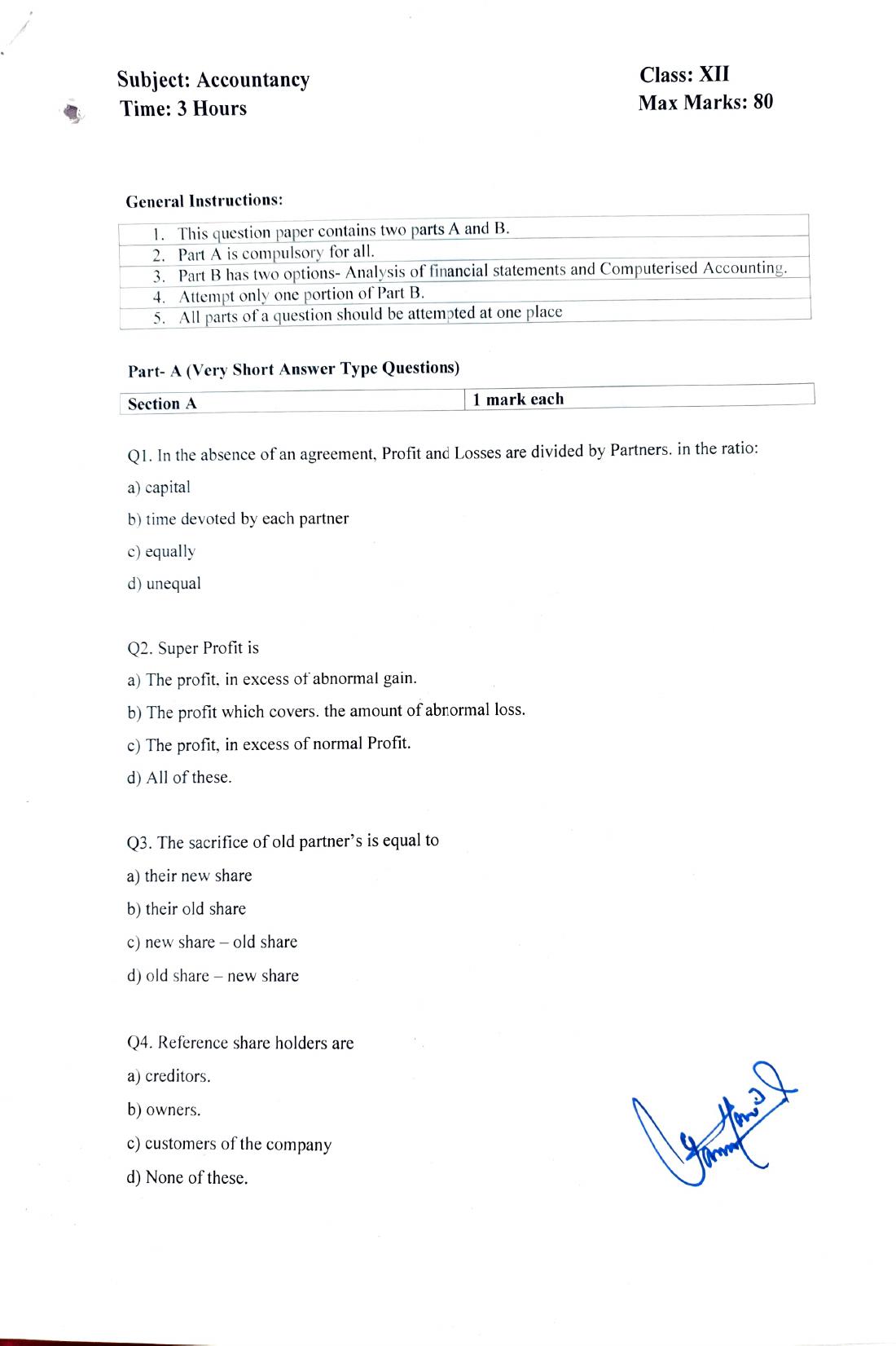 JKBOSE Class 12 Accountancy Model Question Paper - Page 1