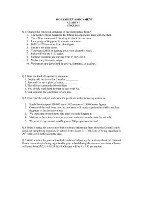 CBSE Worksheets for Class 6 English Assignment 3