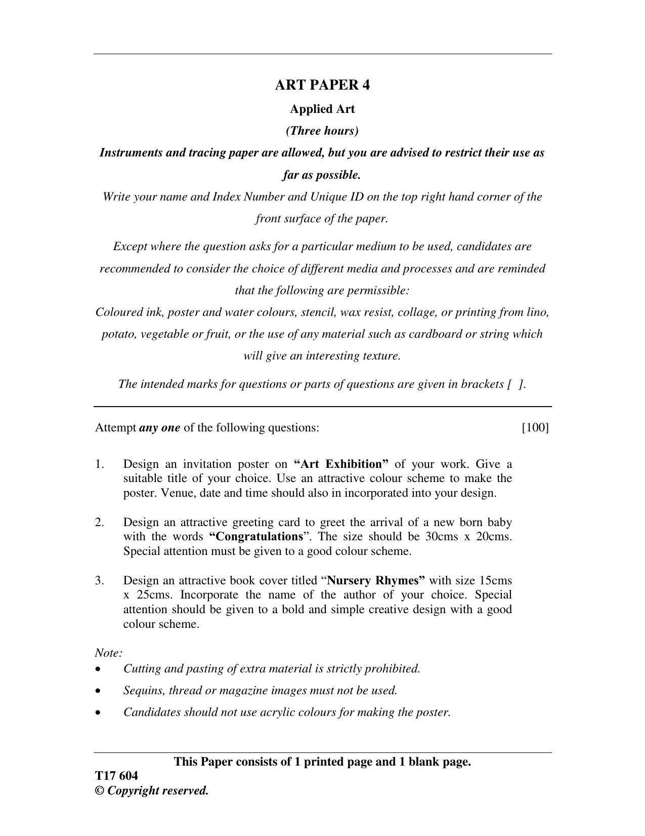 ICSE Class 10 ART PAPER 4 2017 Question Paper - Page 1