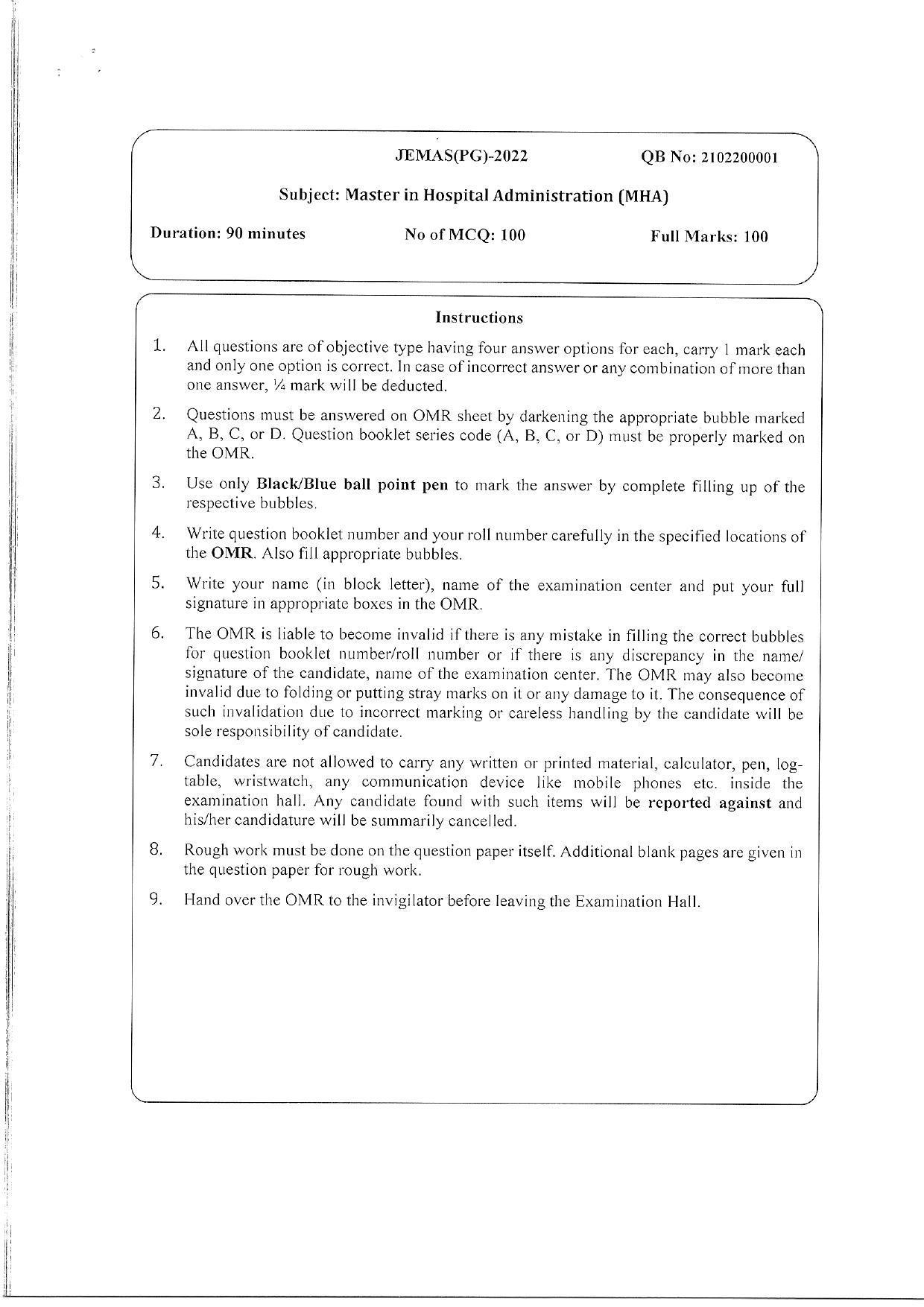 WBJEEB JEMAS (PG) 2022 MHA Question Paper - Page 1