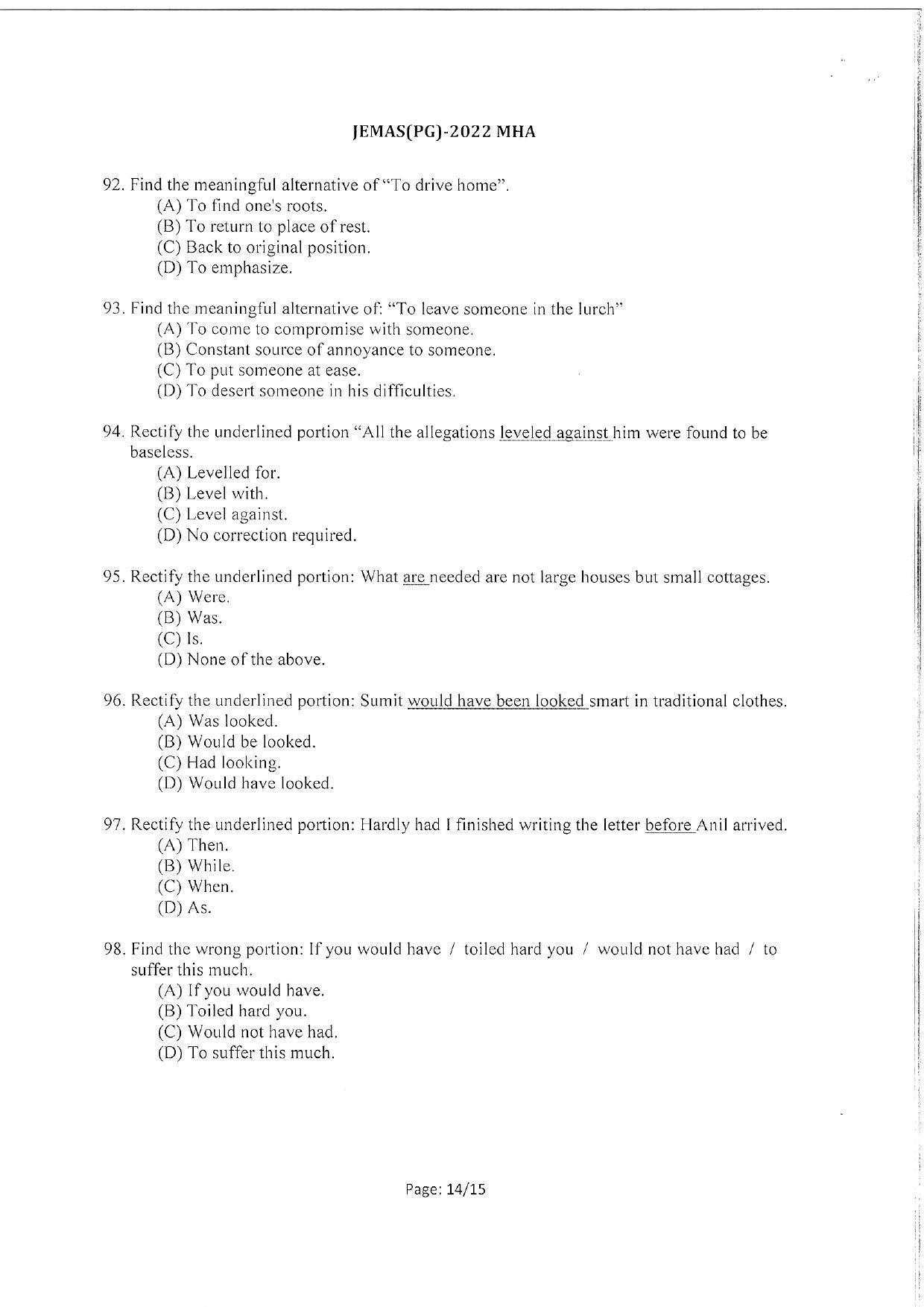 WBJEEB JEMAS (PG) 2022 MHA Question Paper - Page 16